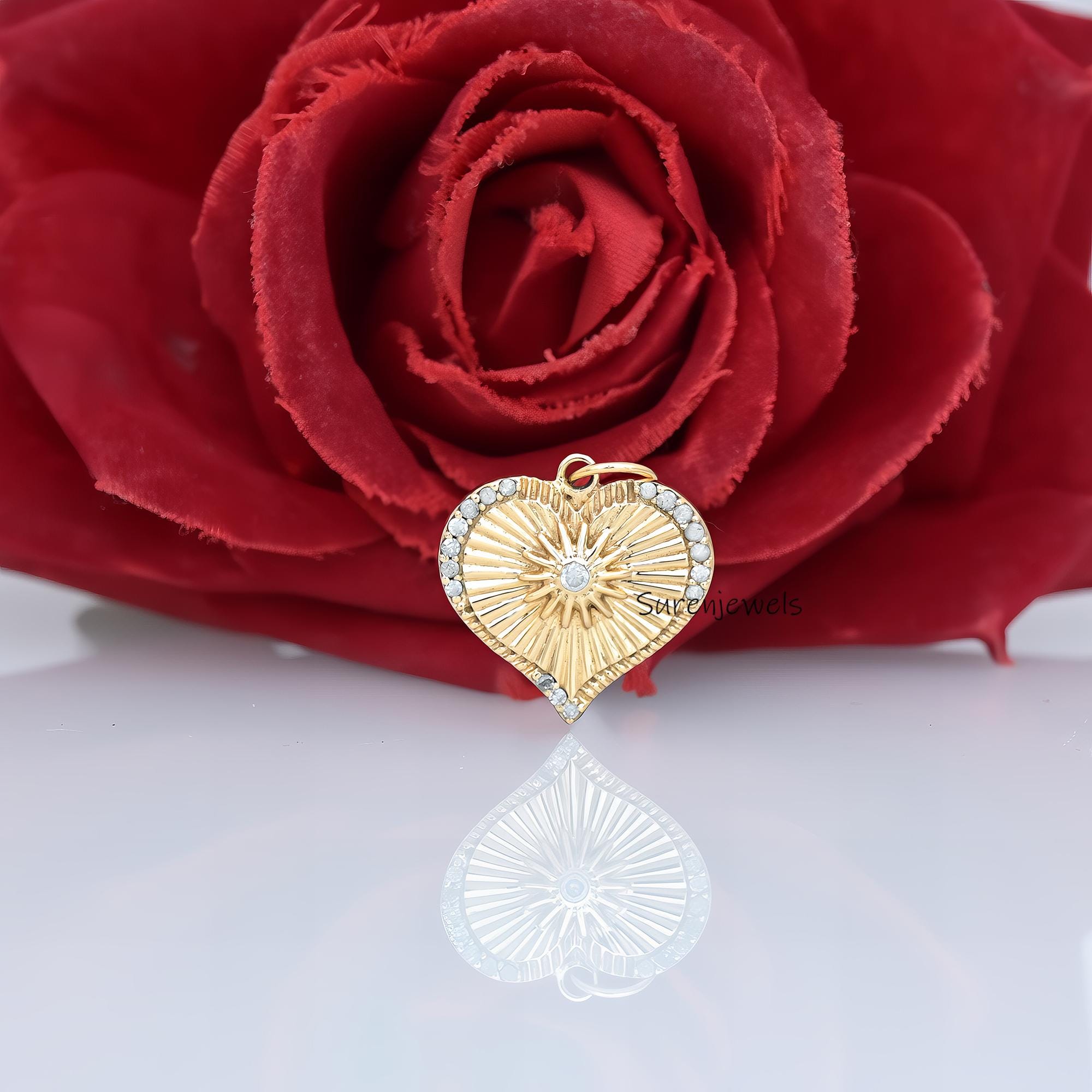 25mm 14K Gold Fluted Heart Pendant: Sunburst Charm - View 2 - Suren Jewels | SKU: SJP4391-9KYGDI-25M,SJP5208-SLYGCZ-25M,SJP55