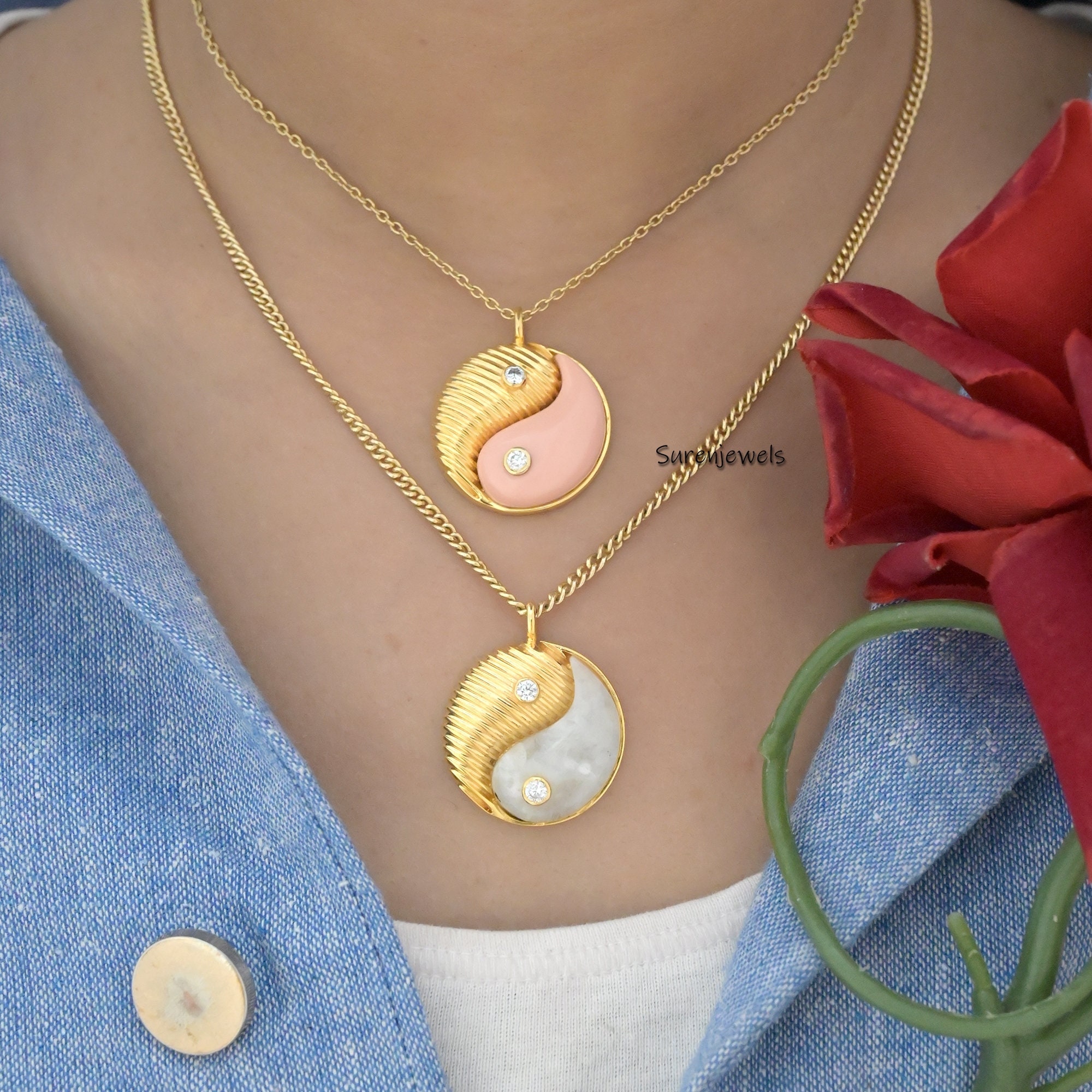 Handmade 14K Gold Yin Yang Pendant: Moissanite Spiritual Charm - View 5 - Suren Jewels | SKU: SJP1733