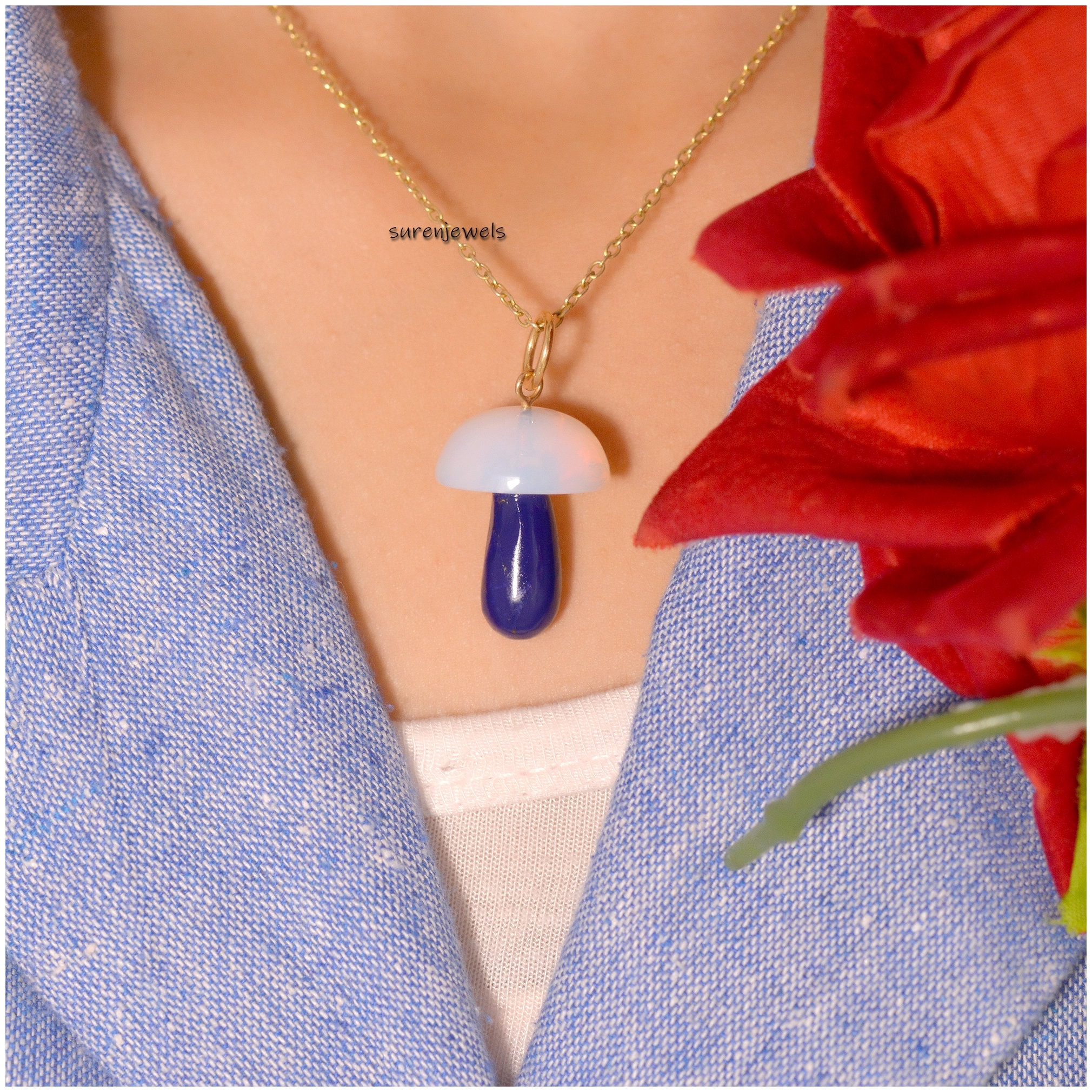 14k Solid Gold Mushroom Pendant: Gemstone Charm Necklace - Suren Jewels | SKU: SJP1382