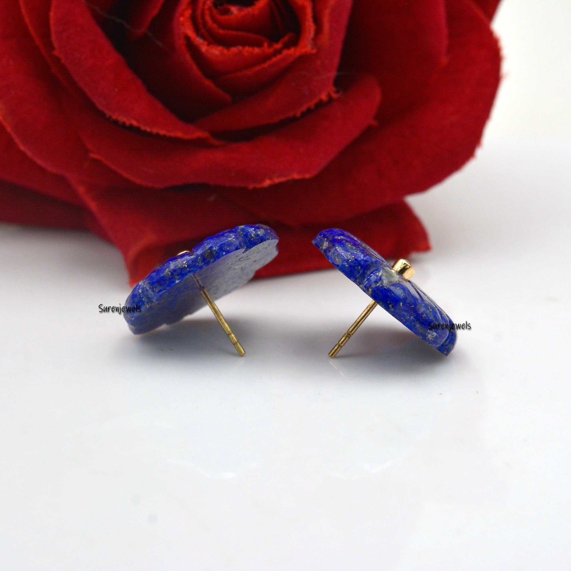 Carved Lapis Lazuli Flower Stud Earrings: Vintage Gemstone Dangle - View 6 - Suren Jewels | SKU: SJE963-14KYGAZWT-20M