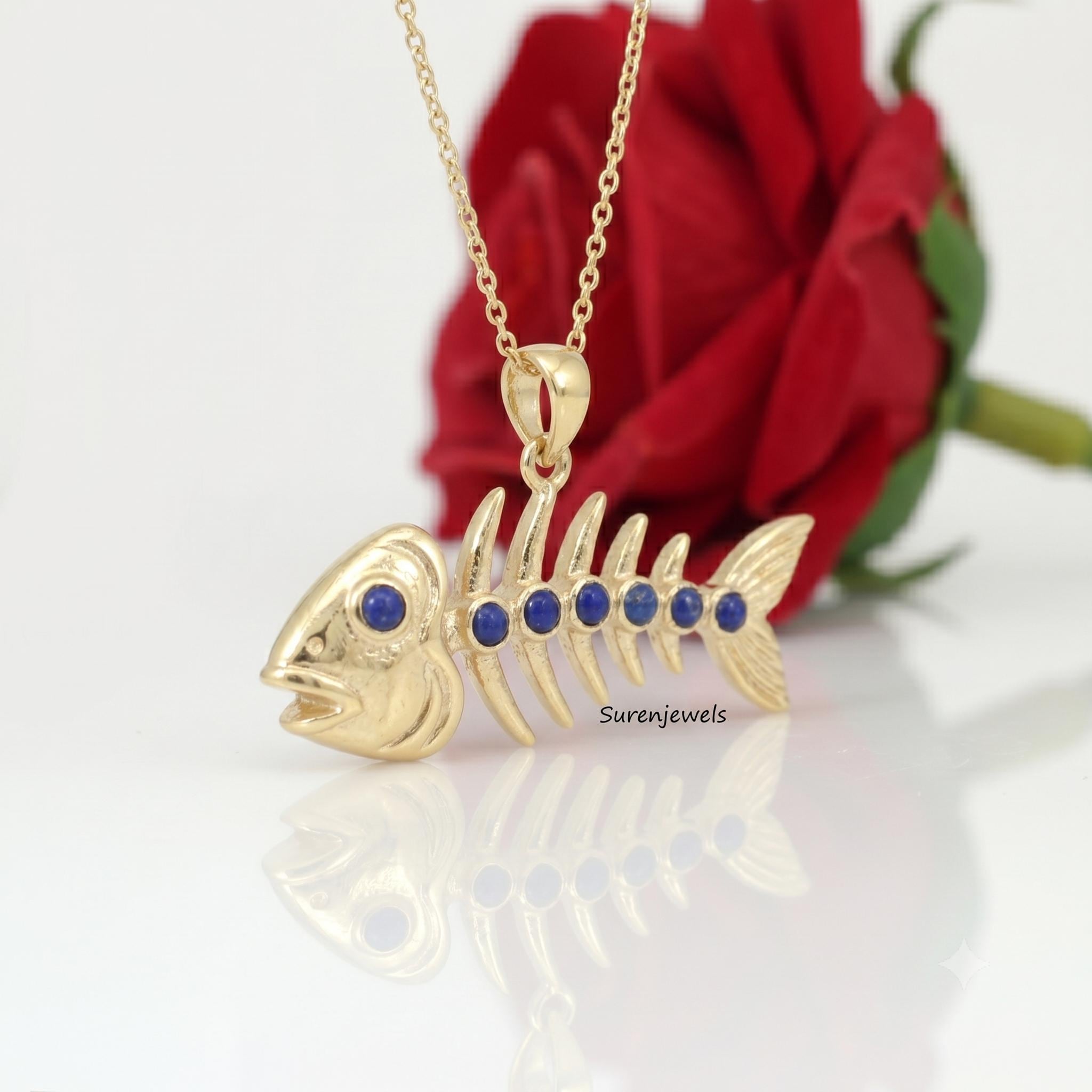 14k Gold Fish Bone pendant, Dainty Fish Skeleton Charm, Nautical Jewelry, Ocean Lover Gift, Unique Beach Jewelry, Minimalist