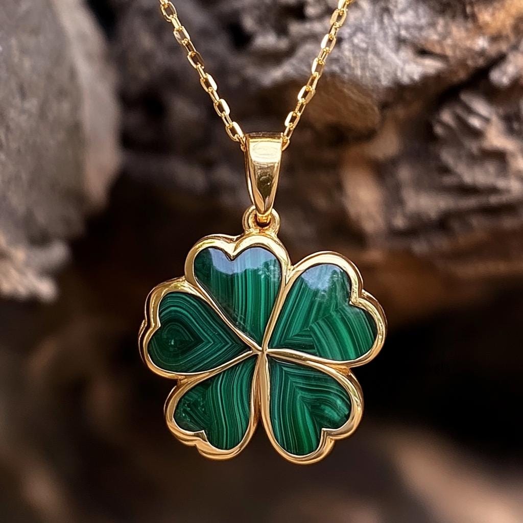 14K Gold Malachite Clover Pendant: Handmade Gemstone Jewelry - View 6 - Suren Jewels | SKU: SJP5393-SLYGOCR-30M