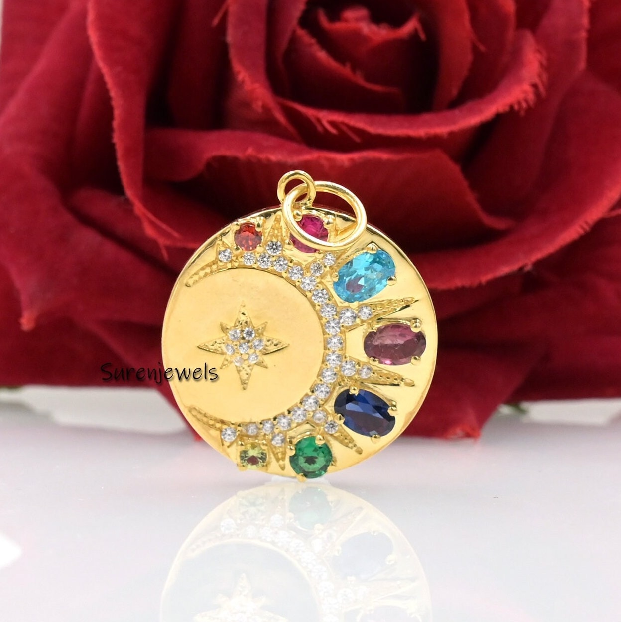 14k Solid Gold Moon Starburst Medallion Charm: Rainbow Sapphire Diamond Pendant - Suren Jewels | SKU: SJP3103