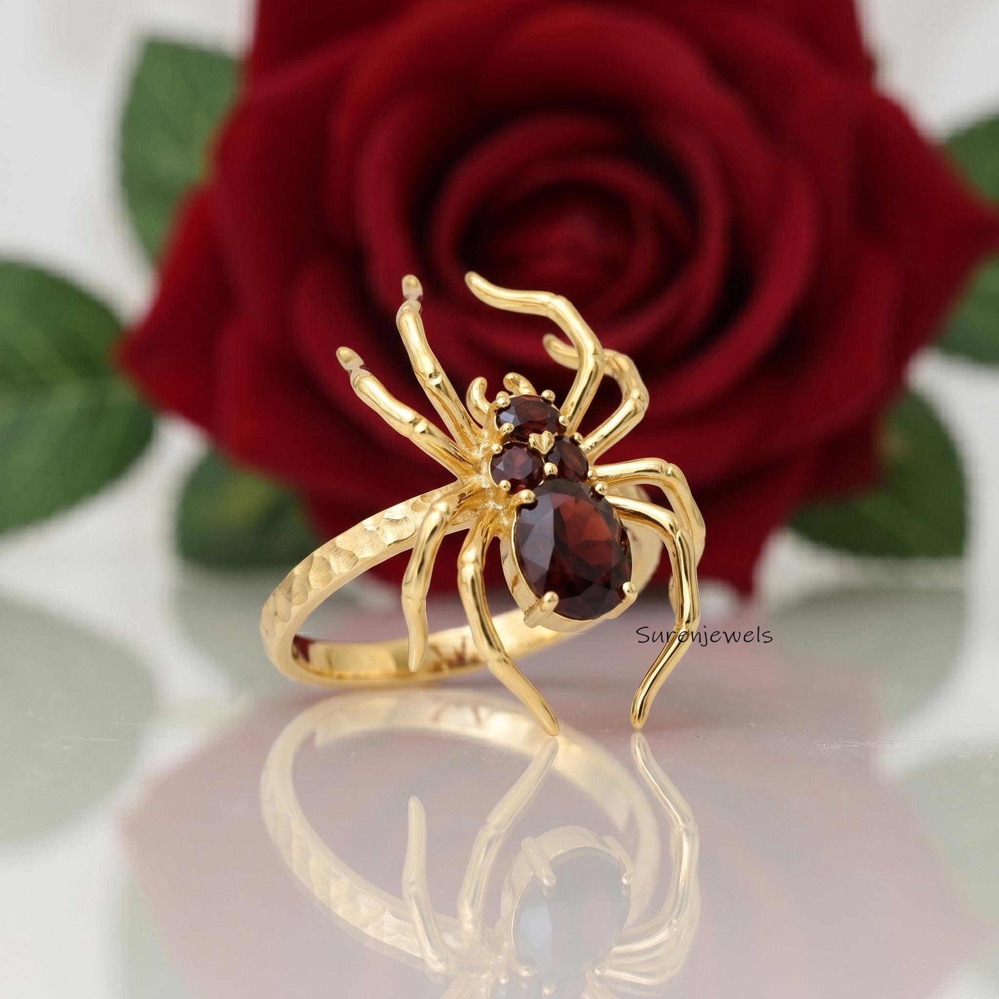 14k Gold Gemstone Spider Ring, Halloween Spider Ring, Gold Designer Spider Ring, Gold Spider Jewelry, Gold Gemstone Animal Ri