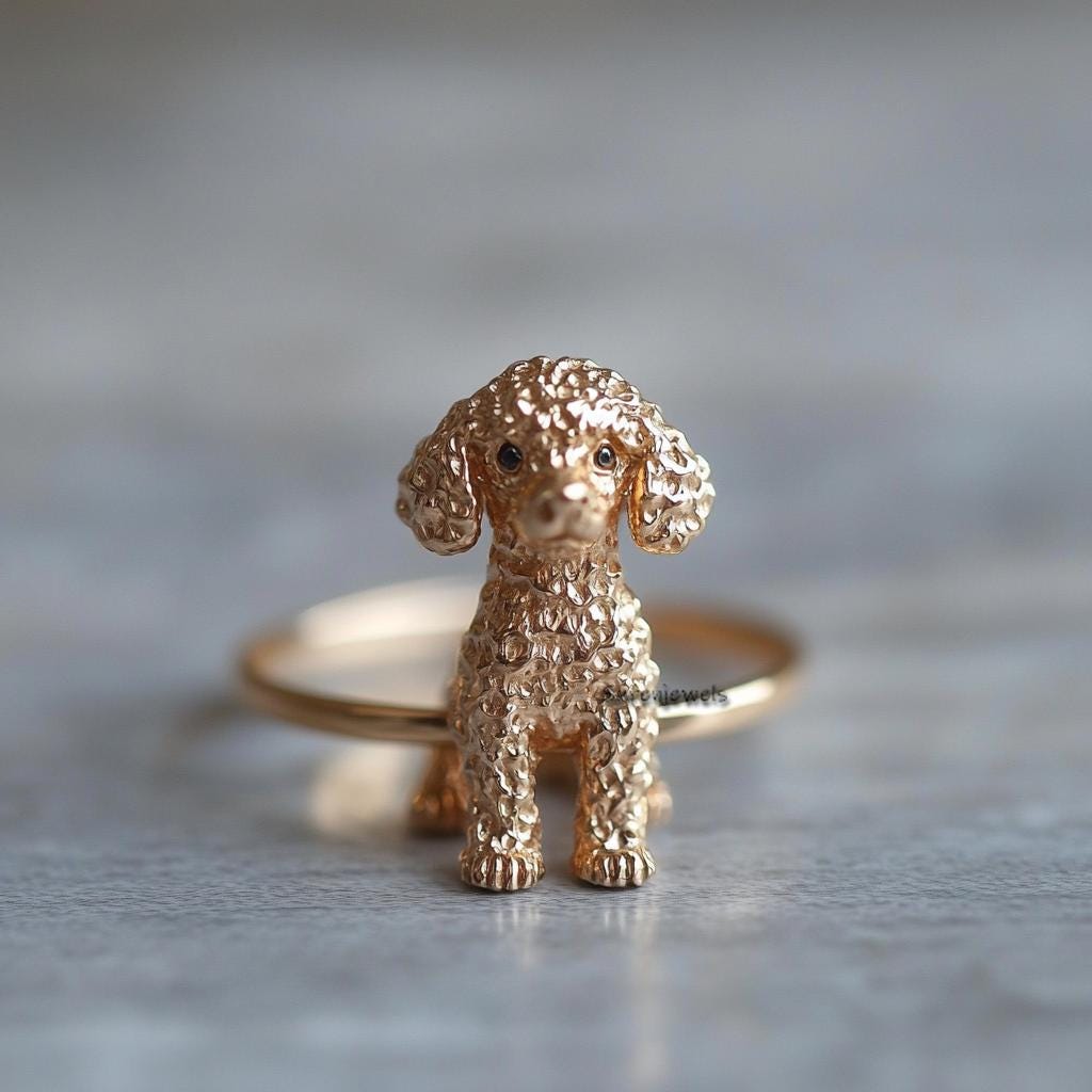 14k Gold Poodle Ring: Dainty Animal Jewelry - View 3 - Suren Jewels | SKU: SJR2961-SLNSBKCZ-US-10