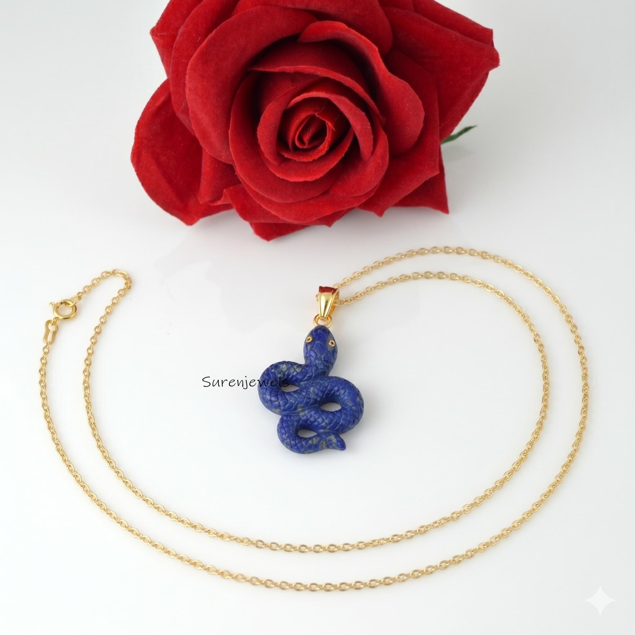 14K Gold Plated Lapis Lazuli Snake Pendant, Hand Carved Serpent Pendant, Gemstone Animal Jewelry, Spiritual Protection Gift -