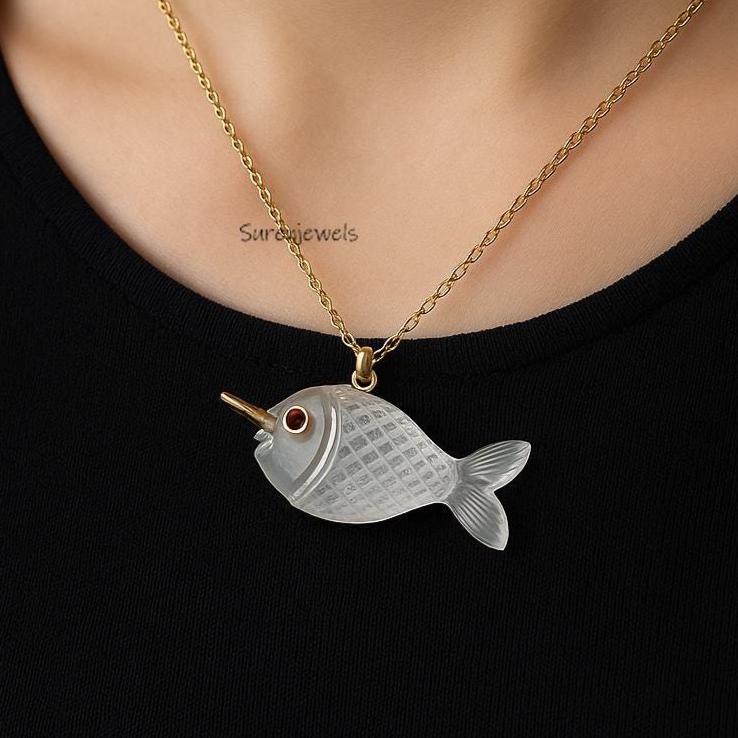 Hand Carved 14K Gold Turquoise Fish Pendant: Ruby Accent, Handmade - Suren Jewels | SKU: SJP
