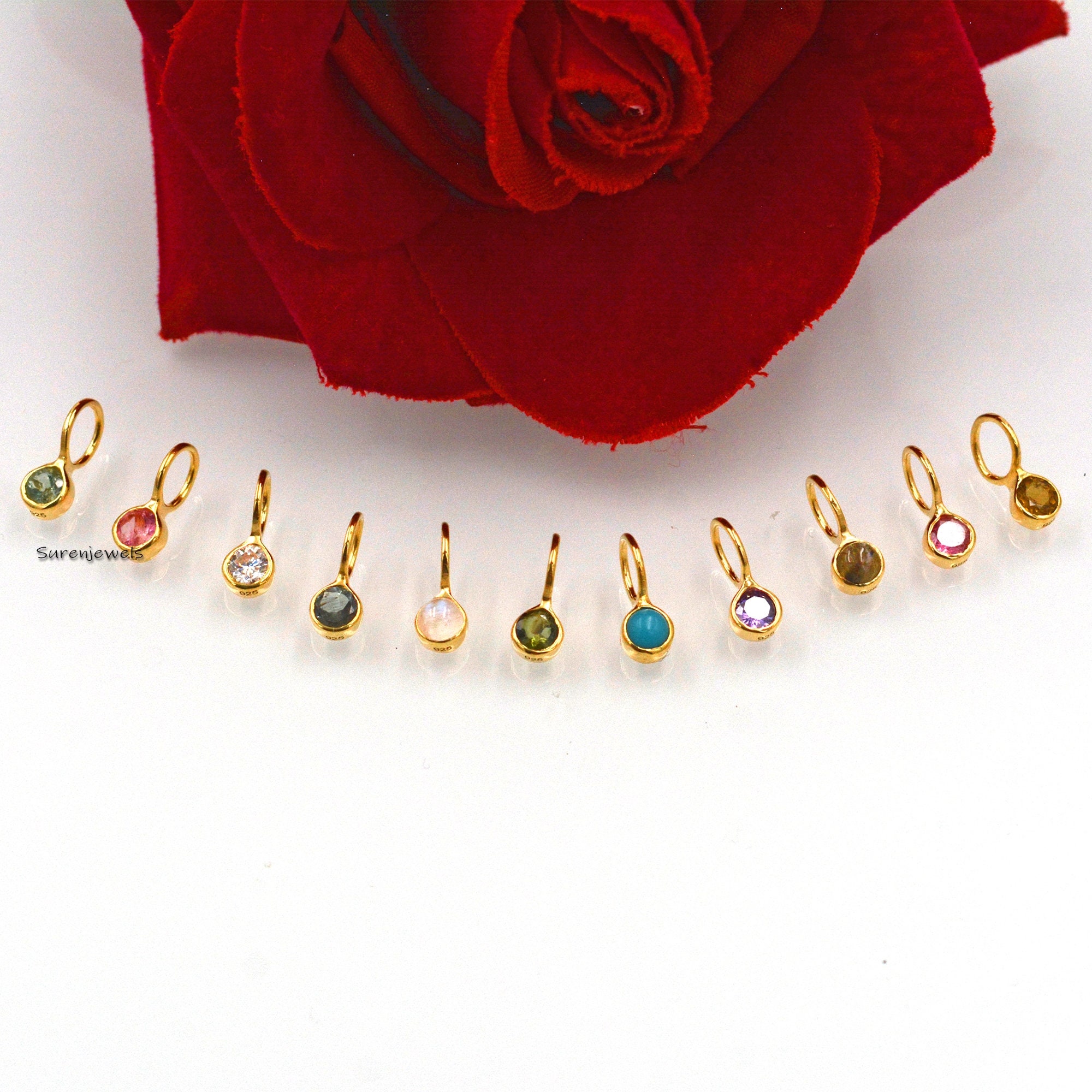 14k Gold Plated Birthstone Pendant: Mini Gemstone Drop Charm - Suren Jewels | SKU: SJP468-SLYGSTM