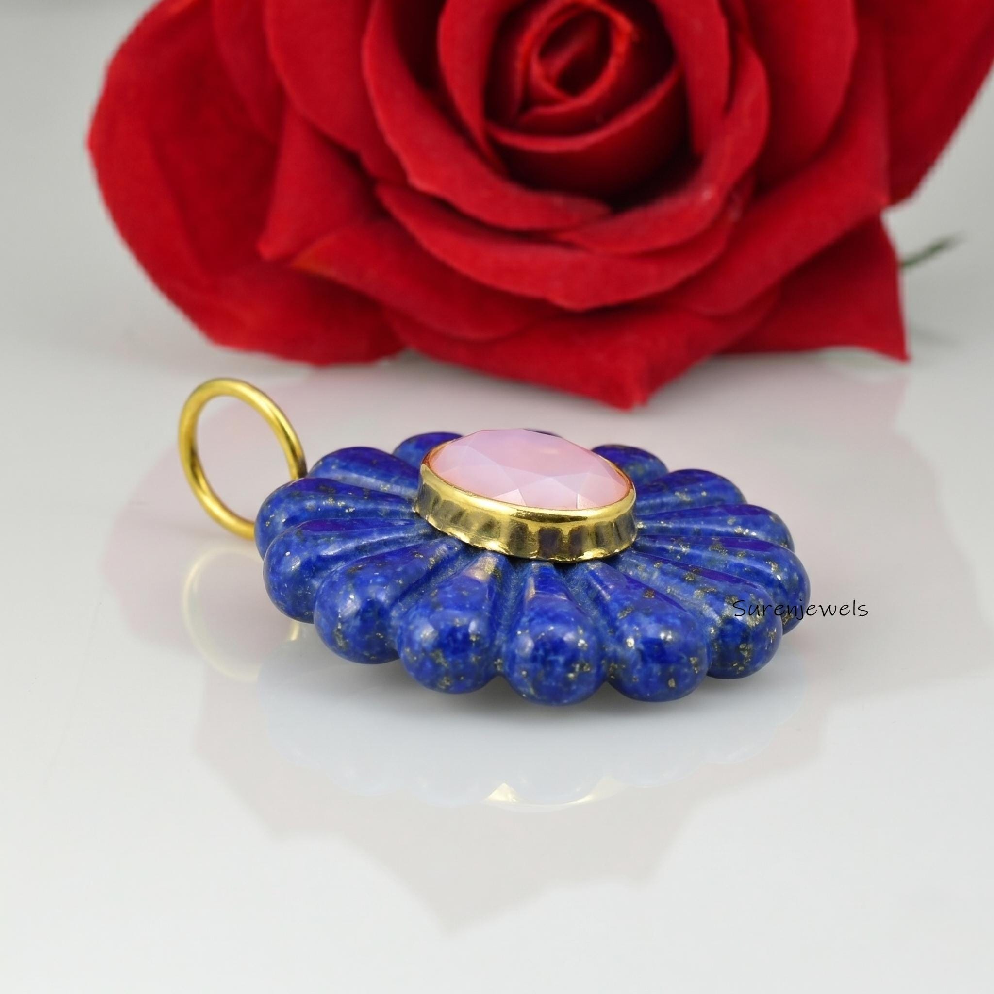 14K Hand Carving Flower, 14K Carved Designer Flower Pendant, 14K Gold Gemstone Flower Pendant, Gemstone Flower Charm, Gold Fl