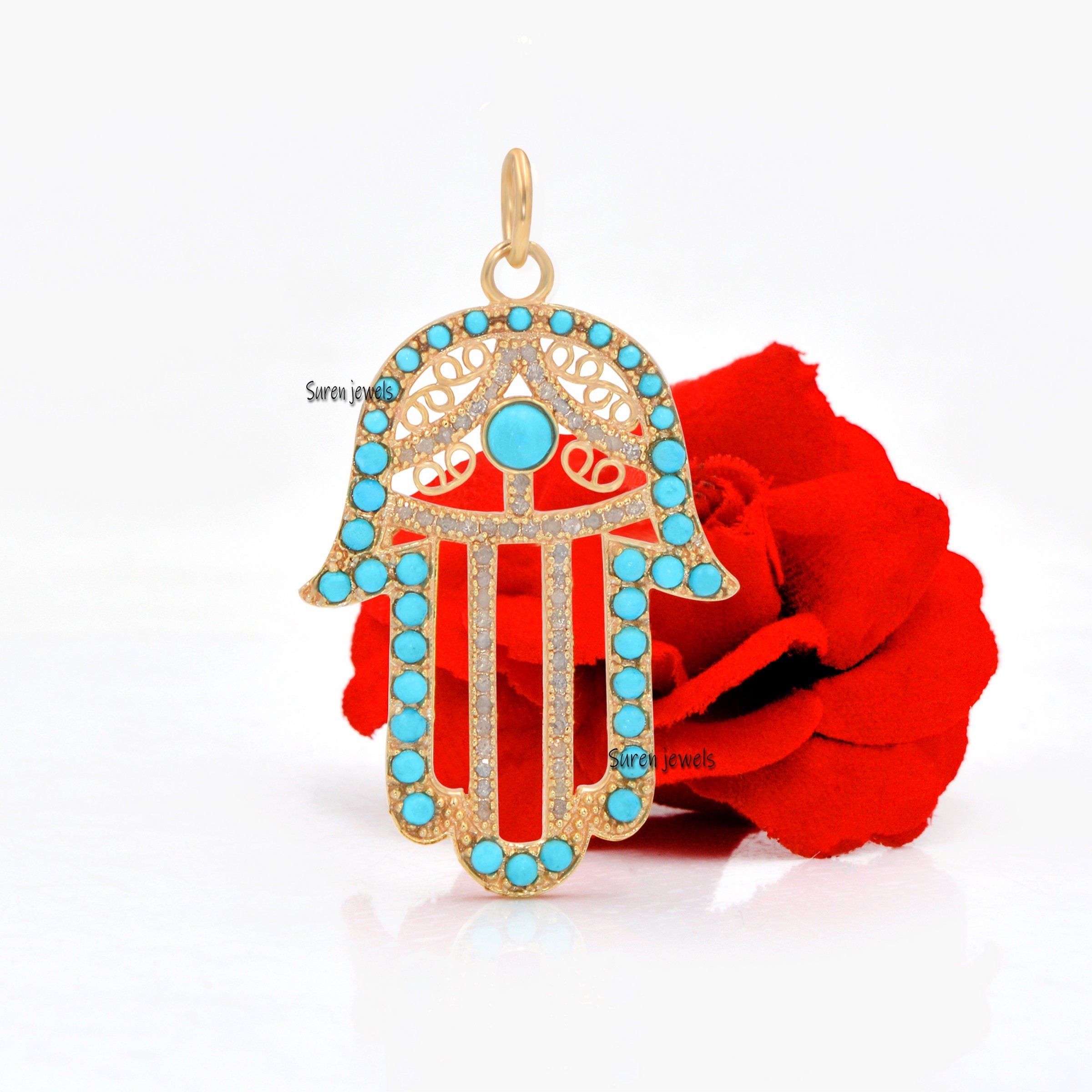 Diamond & Turquoise Hamsa Pendant: Lucky Hand Protection - Suren Jewels | SKU: SJP559-SLYGDITQ