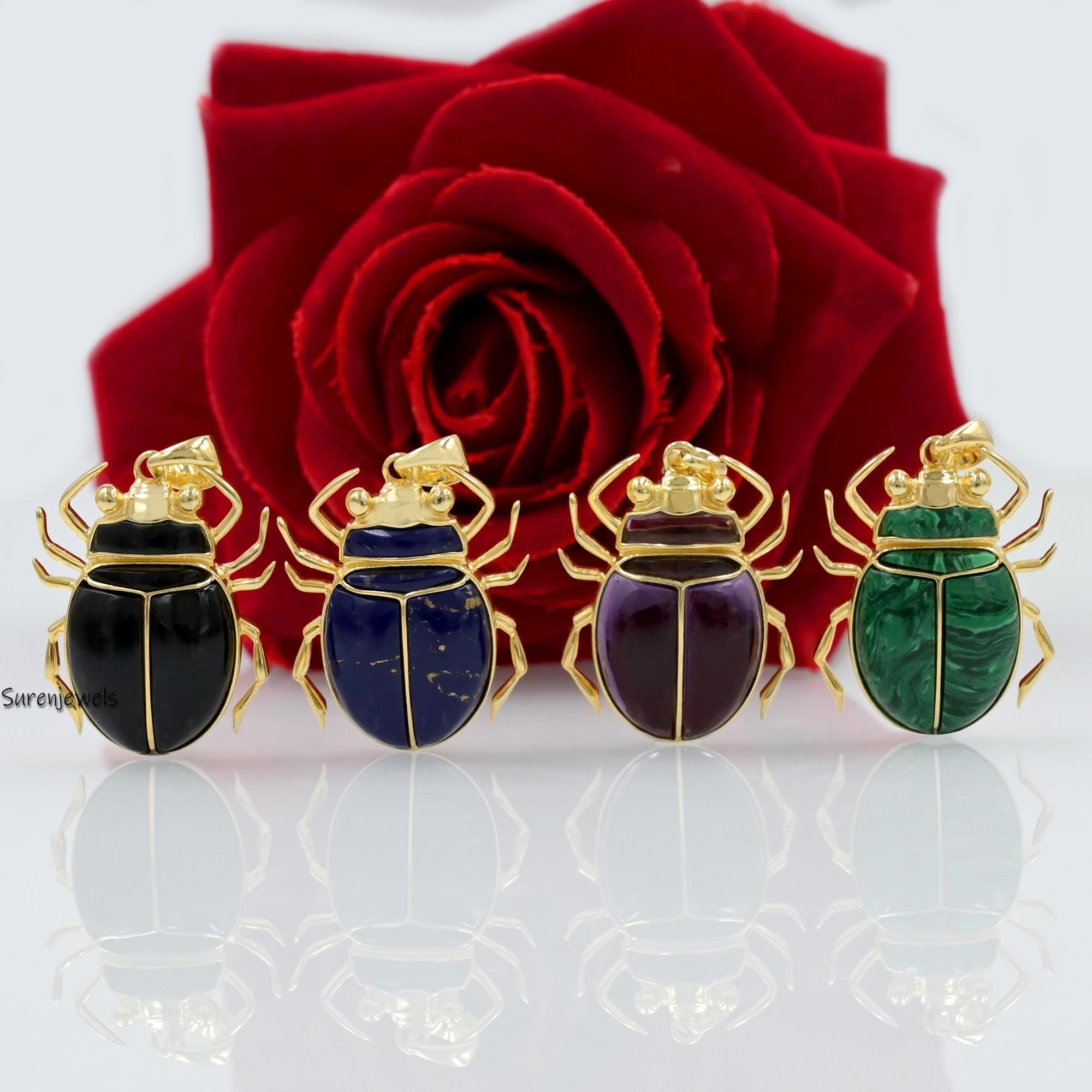 14K Gold Lapis Lazuli Scarab Pendant: Hand Carved Amulet Charm - View 6 - Suren Jewels | SKU: SJP3493-SLYGLPZ-35M,SJP3487-SLY