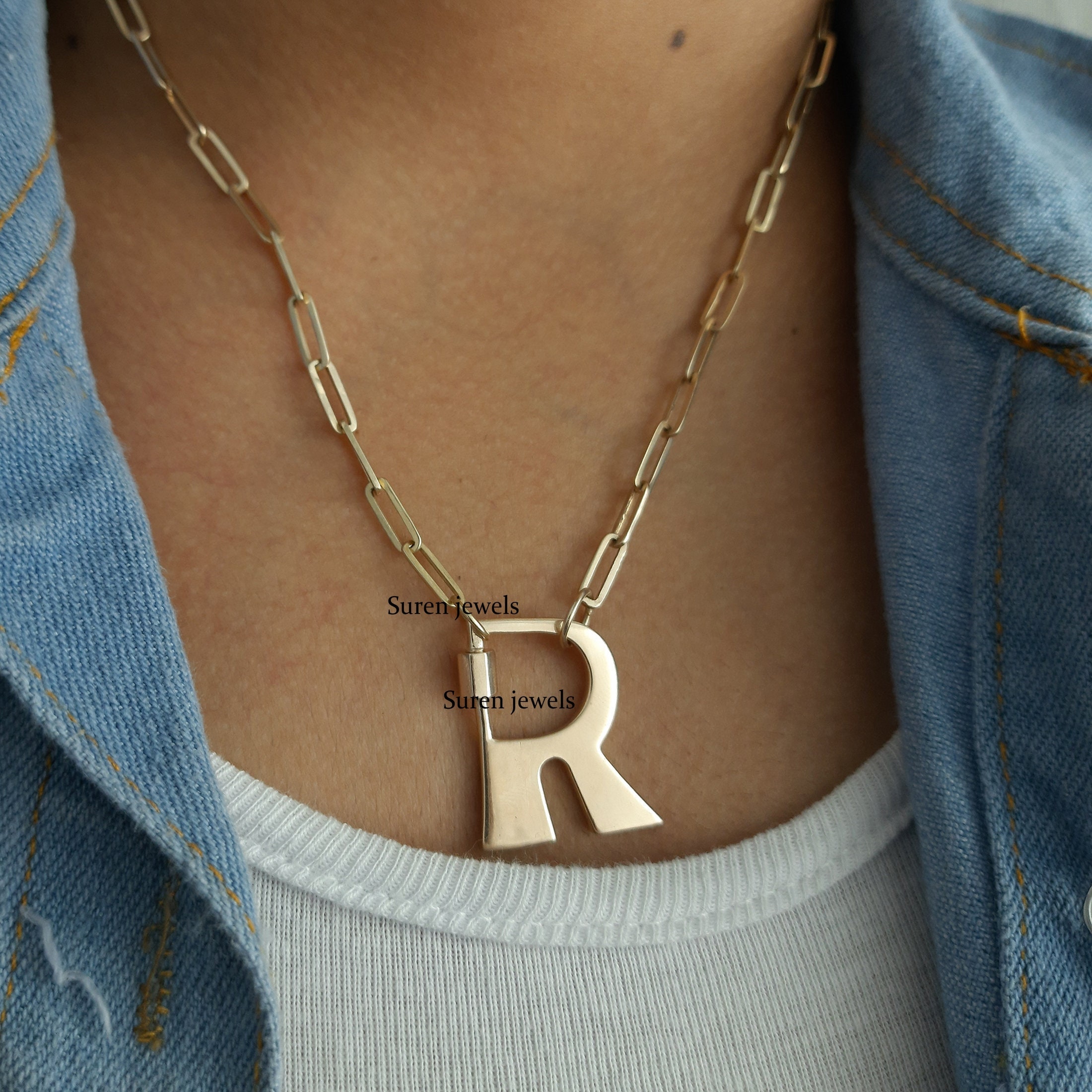 925 Silver Initial Carabiner Lock Necklace: Custom Letter A-Z - View 5 - Suren Jewels | SKU: SJC88-SLYG-R-N47-18I-925