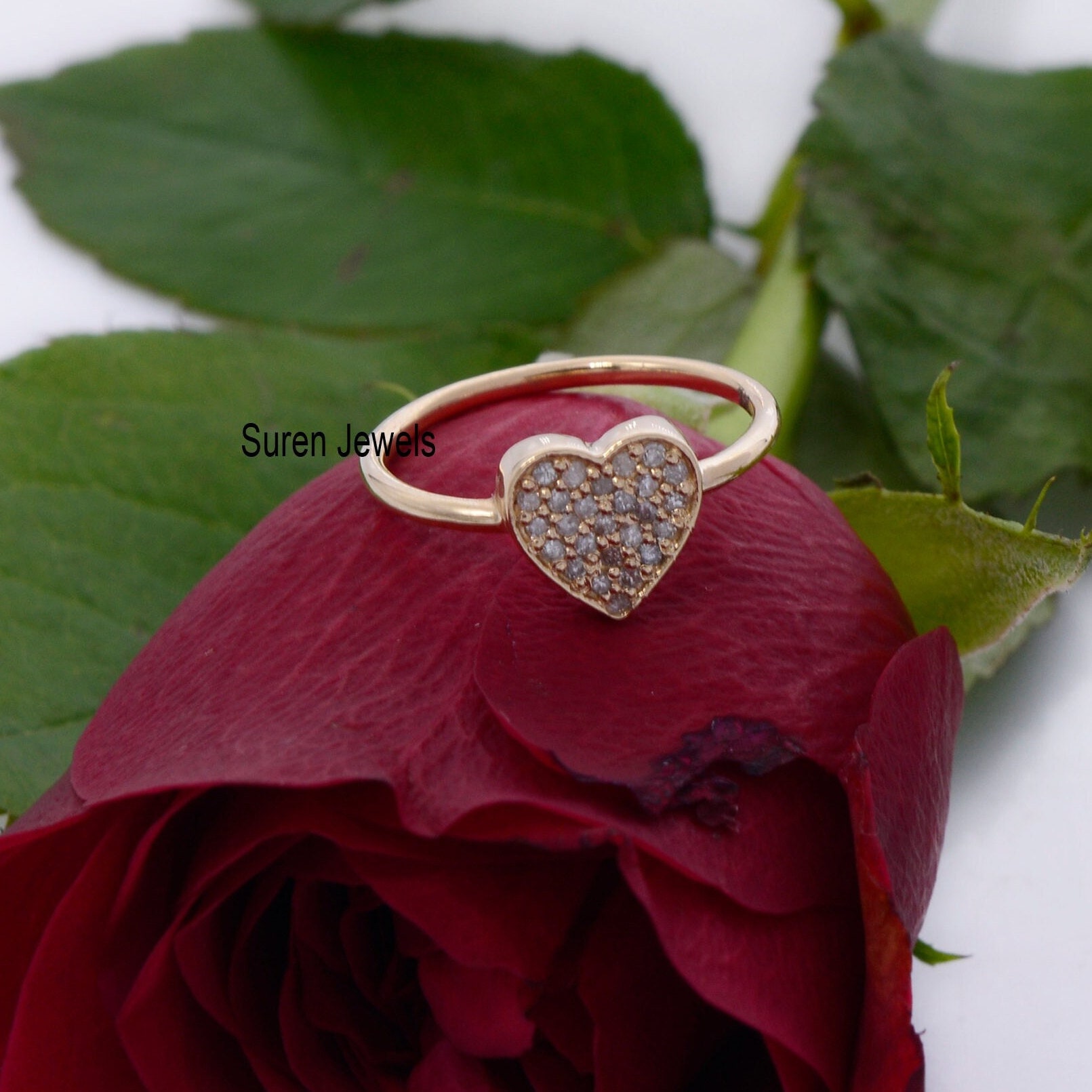 14k Gold Diamond Heart Signet Ring: Dainty Gemstone Ring - Suren Jewels | SKU: SJR690-14KYGDI