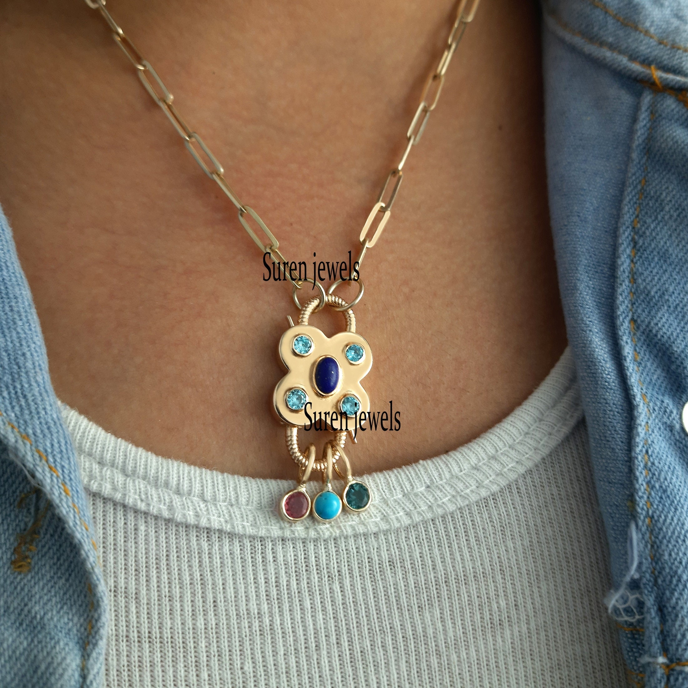 925 Silver Gemstone Padlock Pendant: Lapis, Turquoise Drop Necklace - View 6 - Suren Jewels | SKU: SJP65-SJP468-SJN47-18I