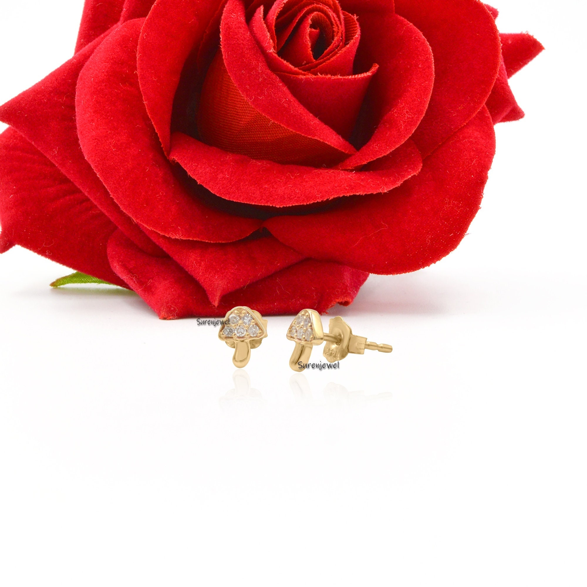 14k Gold Mushroom Stud Earrings: Handmade Designer Jewelry - View 2 - Suren Jewels | SKU: SJE924-14KYGDSIG