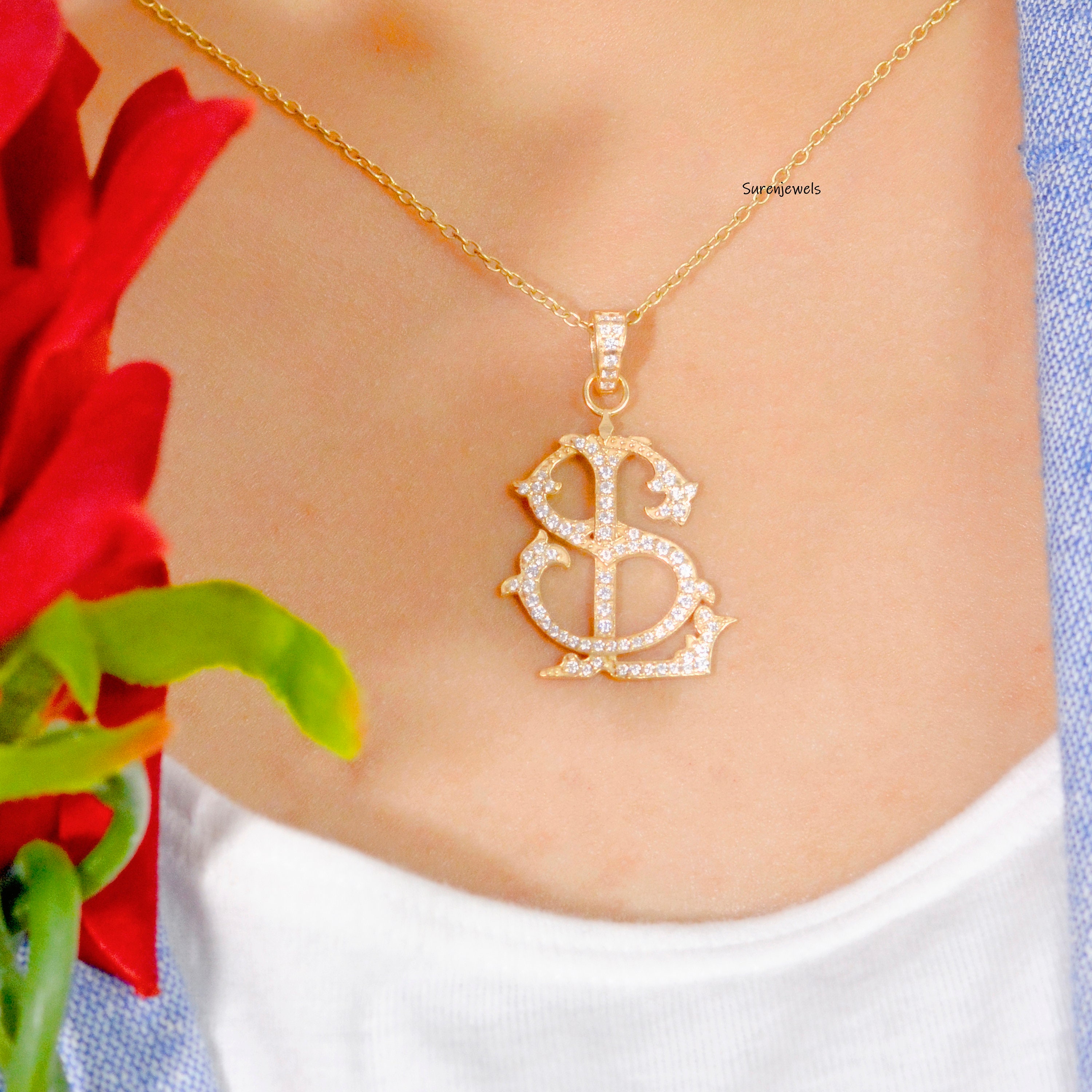 Sterling Silver Pave Diamond Monogram Pendant - Custom Alphabet Jewelry - View 4 - Suren Jewels | SKU: SJP540-SLYGDI-MO-N41-1