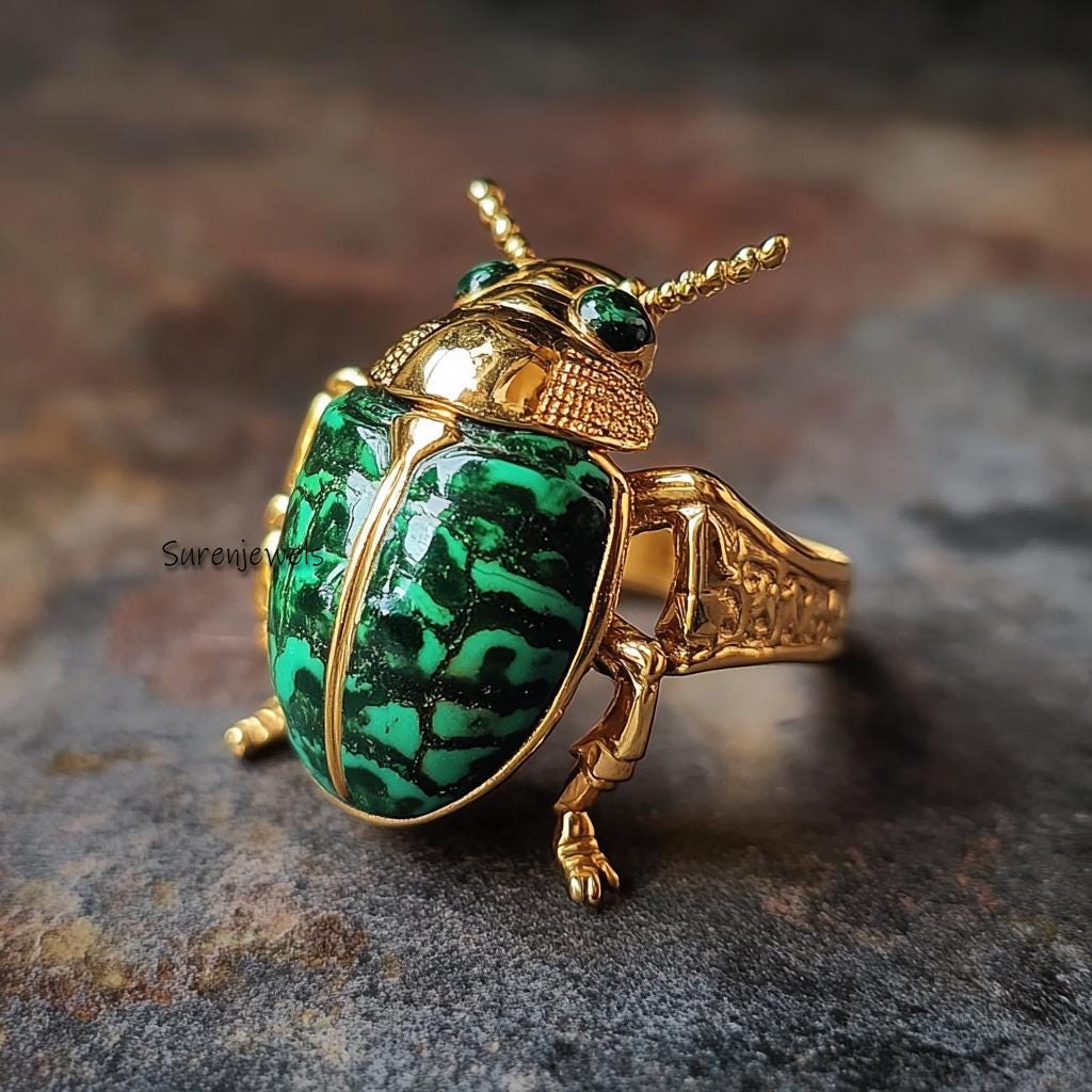 14k Gold Sacred Scarab Gemstone Ring, Gemstone Sacred Scarab Ring, Animal Scarab Ring, Designer Malachite Scarab Ring, Hand Carving Scarab