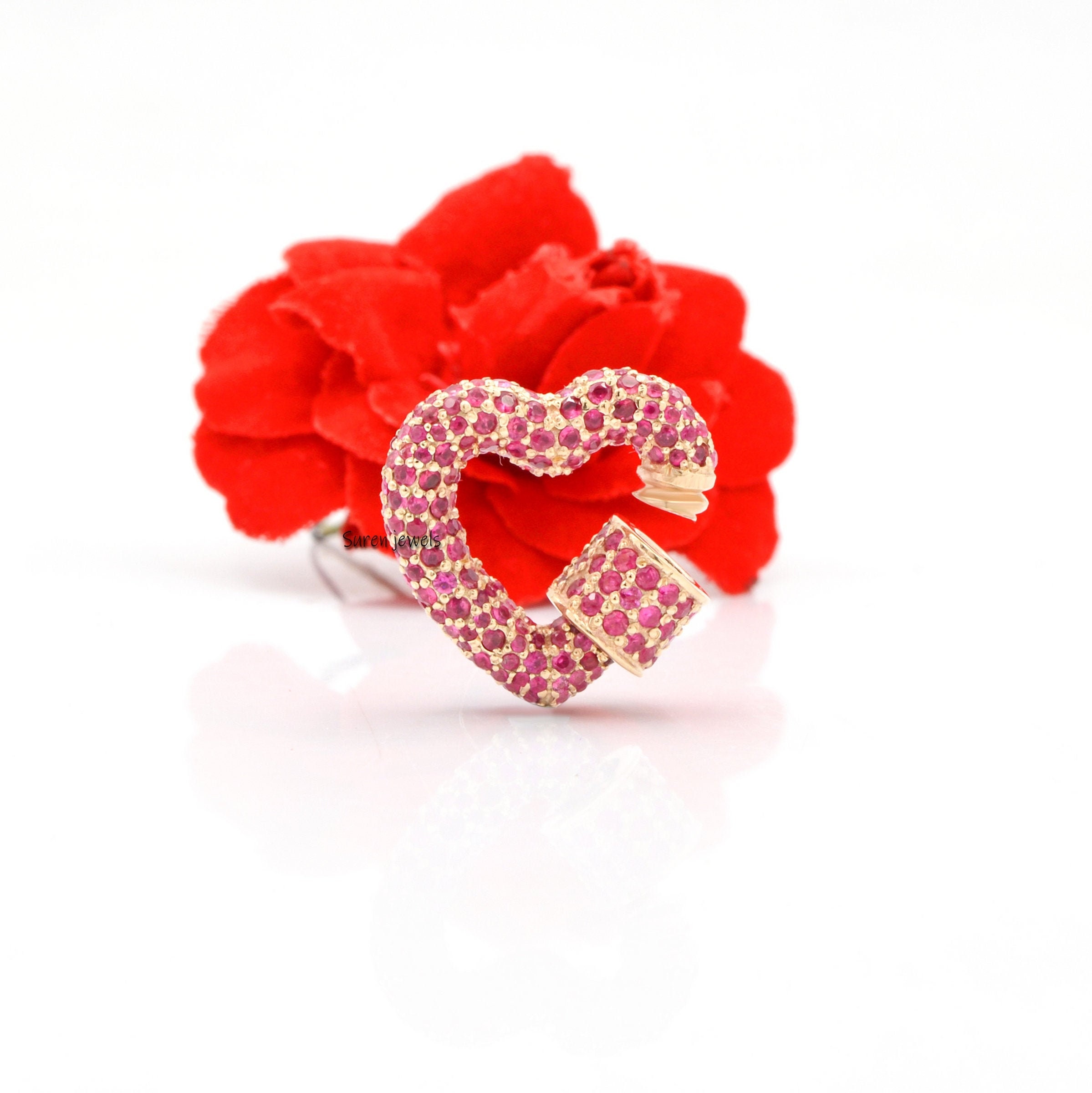 9k Gold Heart Carabiner Lock with Gemstones - View 2 - Suren Jewels | SKU: SJC135-