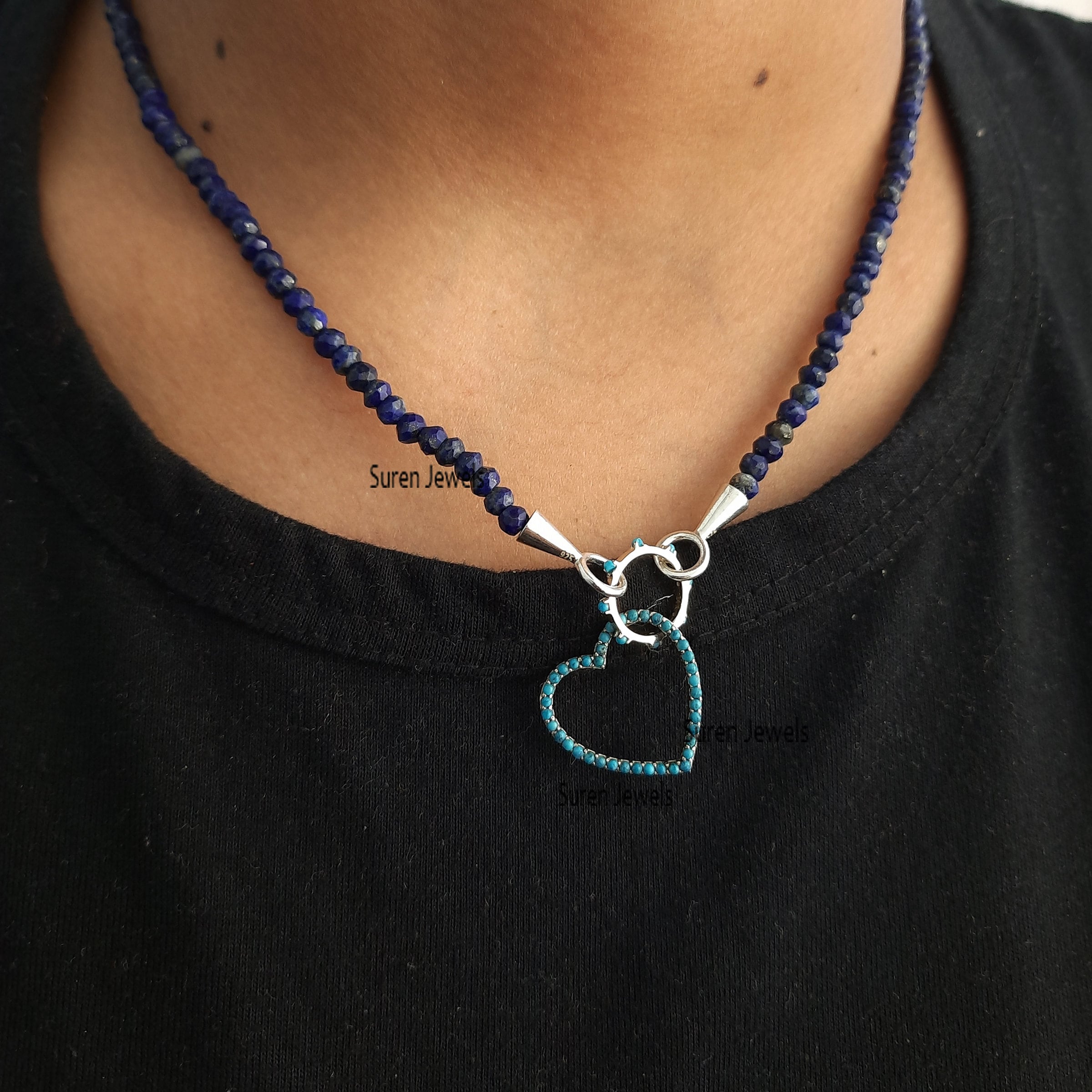 Lapis Lazuli Beaded Choker: Silver Charm Holder Necklace - View 2 - Suren Jewels | SKU: SJN247-SLWGLPZ-18I