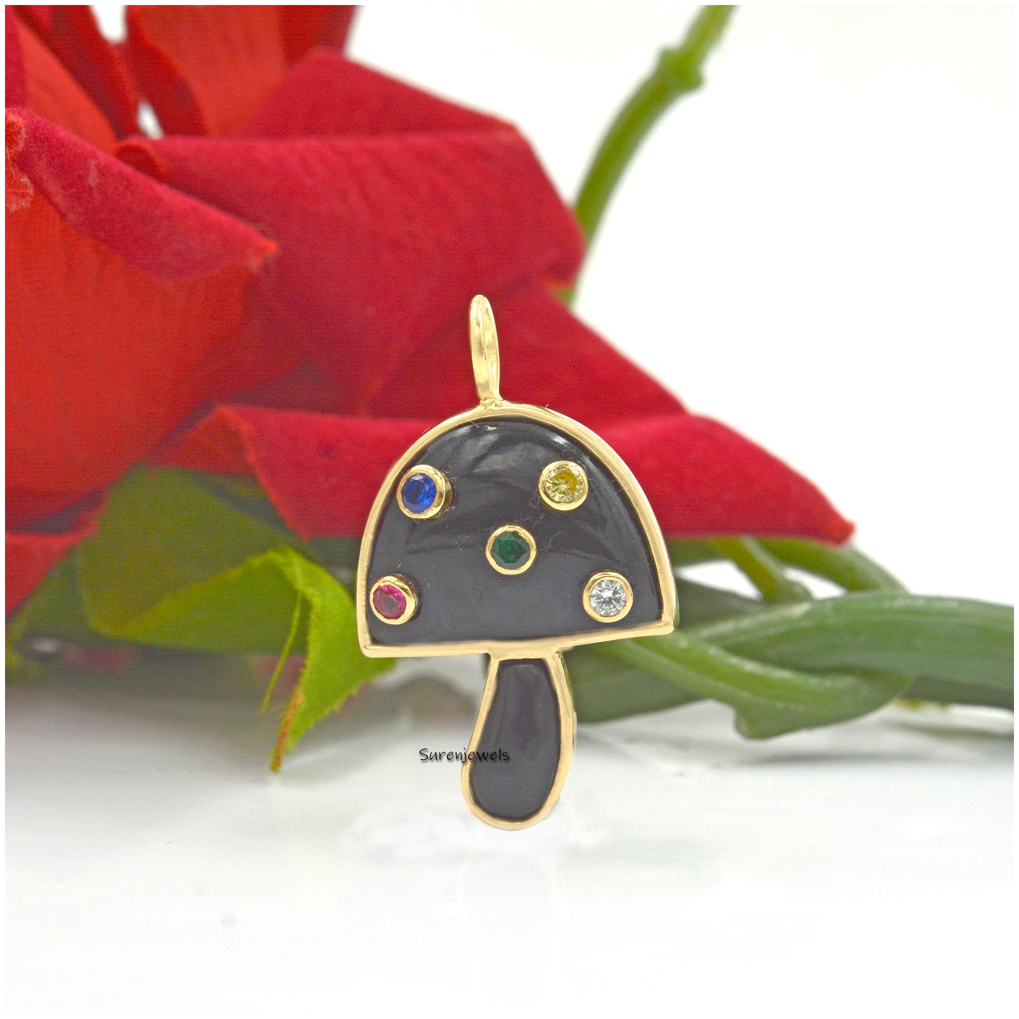 14k Gold Gemstone Mushroom Pendant, Magic Mushroom Pendant, Gemstone Mushroom Pendant, 14k Mushroom Charm, Wholesale Mushroom