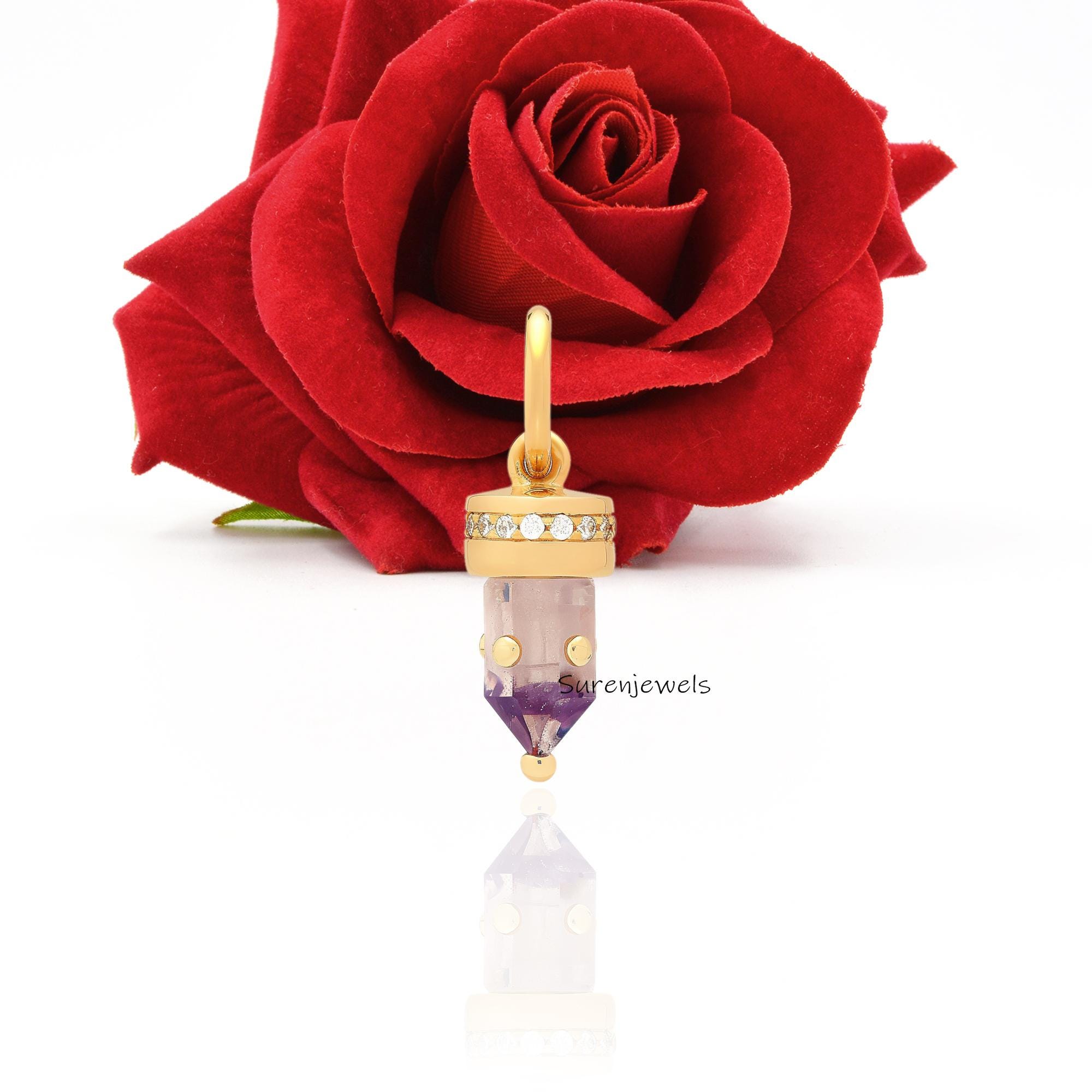 14K Gold Moonstone Point Pendant with Moissanite Diamond - View 2 - Suren Jewels | SKU: SJP,SJP6060-SLYGMSMN-30M