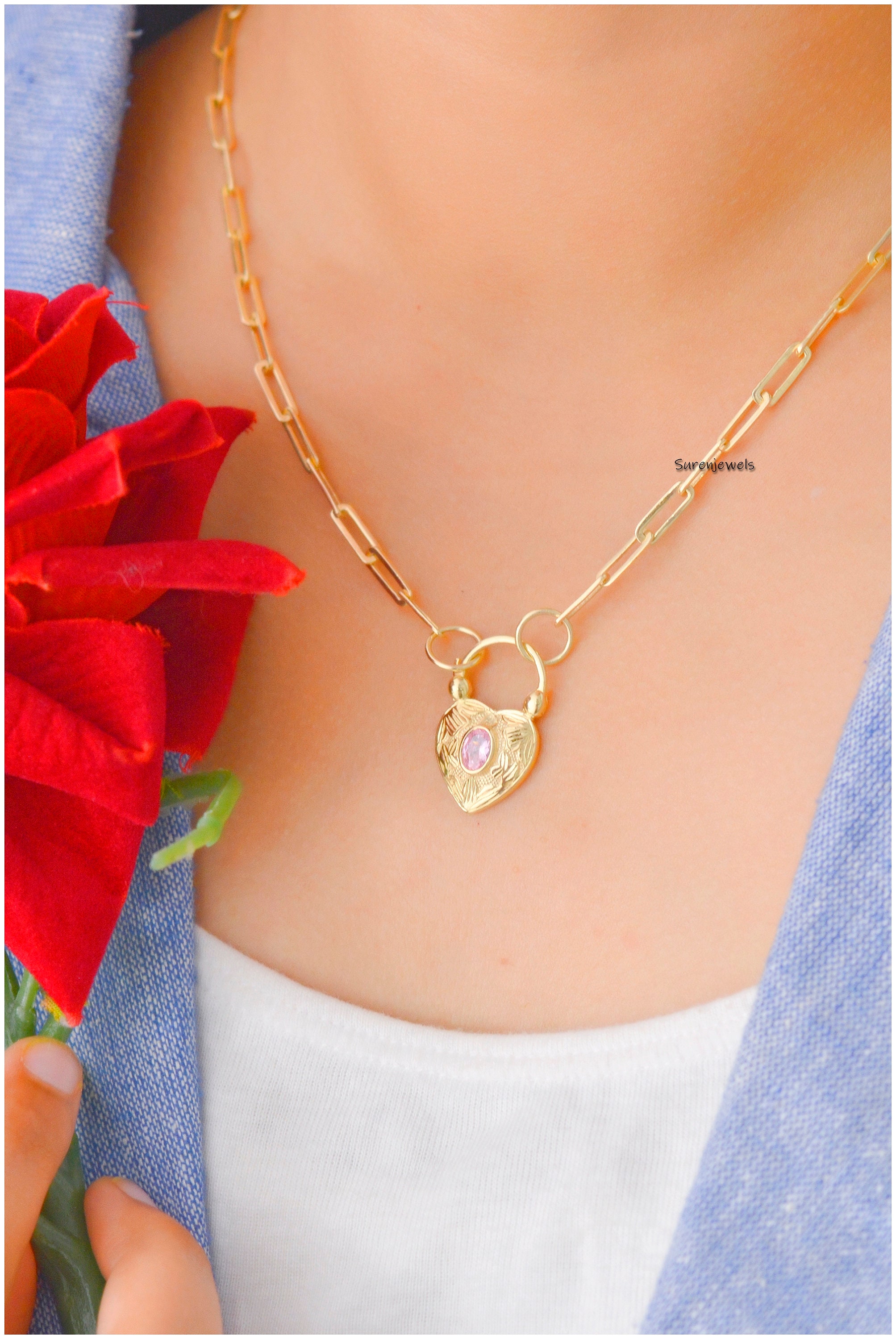 14k Gold Turquoise Heart Padlock: Dainty Gemstone Pendant - View 4 - Suren Jewels | SKU: SJP92-14KYGTQ-N47-18I