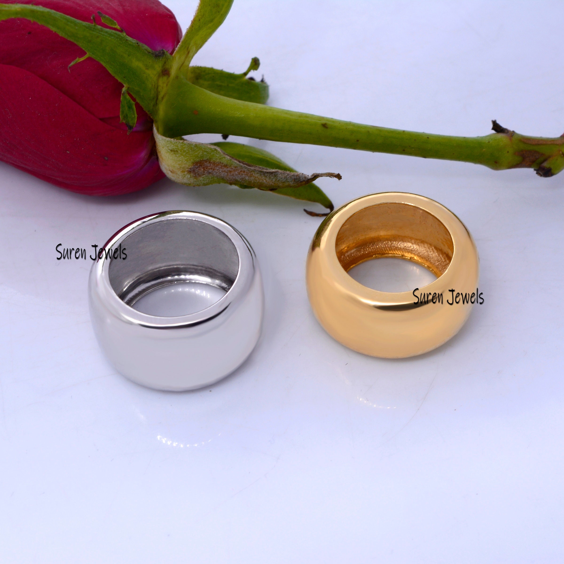 14K Gold Plated Cigar Band Ring, 925 Sterling Silver Wedding Ring - View 6 - Suren Jewels | SKU: SJR06-SLYG