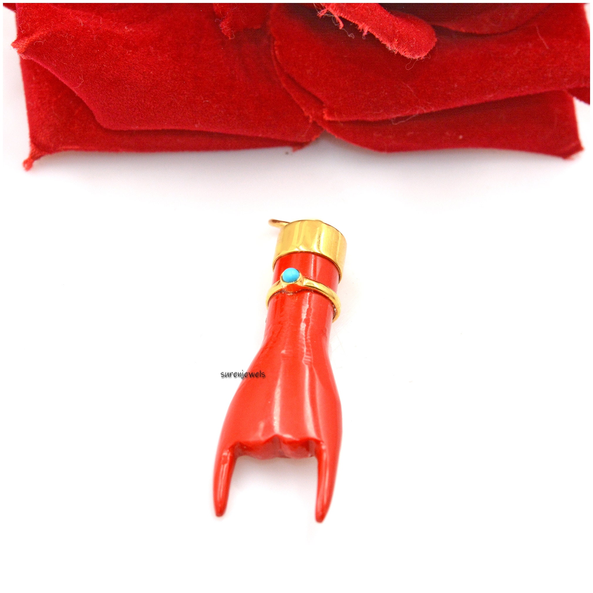 Sterling Silver Figa Hand Pendant: Coral & Turquoise Gemstone Charm - View 3 - Suren Jewels | SKU: SJP1049-SLNSMSTQ
