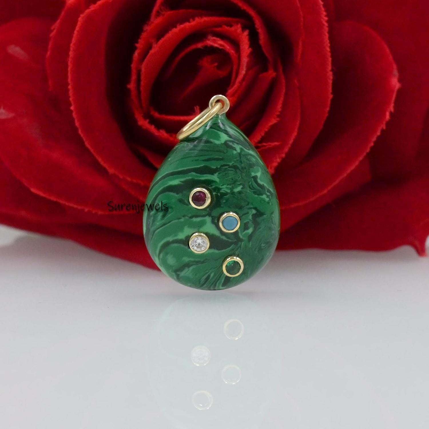 14k Gold Malachite Teardrop Pendant: Carved Gemstone Charm - View 7 - Suren Jewels | SKU: SJP,SJP3515-SLYGMSMG-25M,SJP3522-SL
