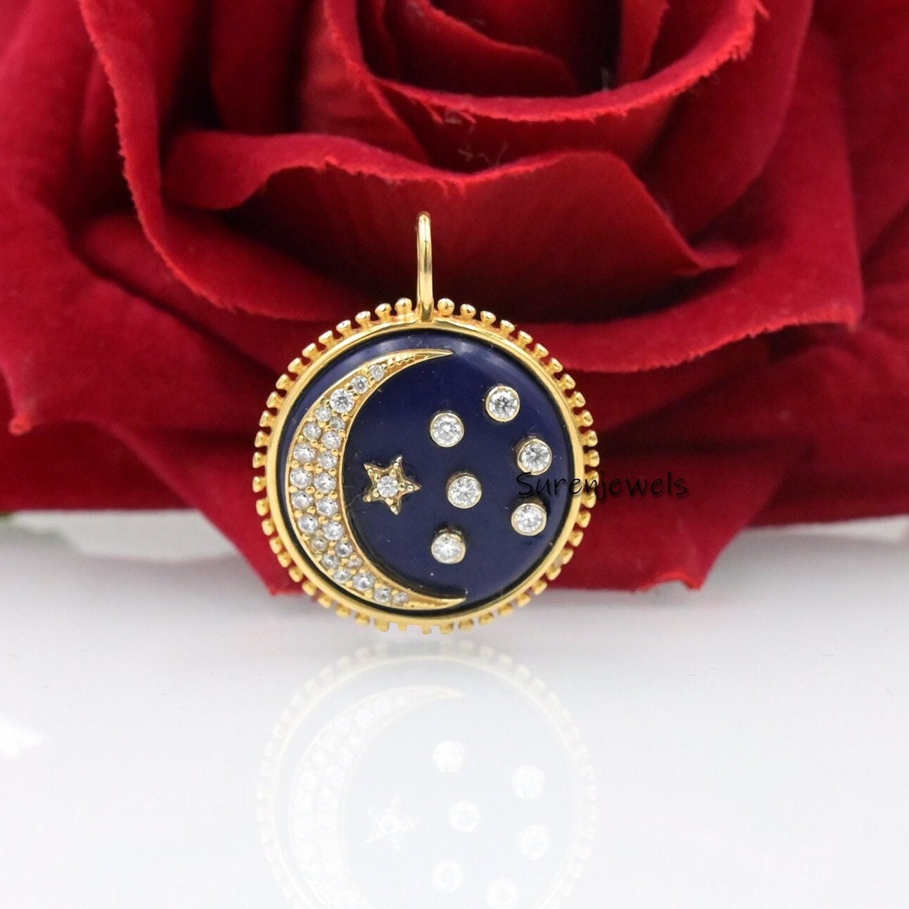 Lapis Lazuli Star Moon Pendant: Moissanite 925 Silver Disc - Suren Jewels | SKU: SJP2446-SLYGDITQ-20M