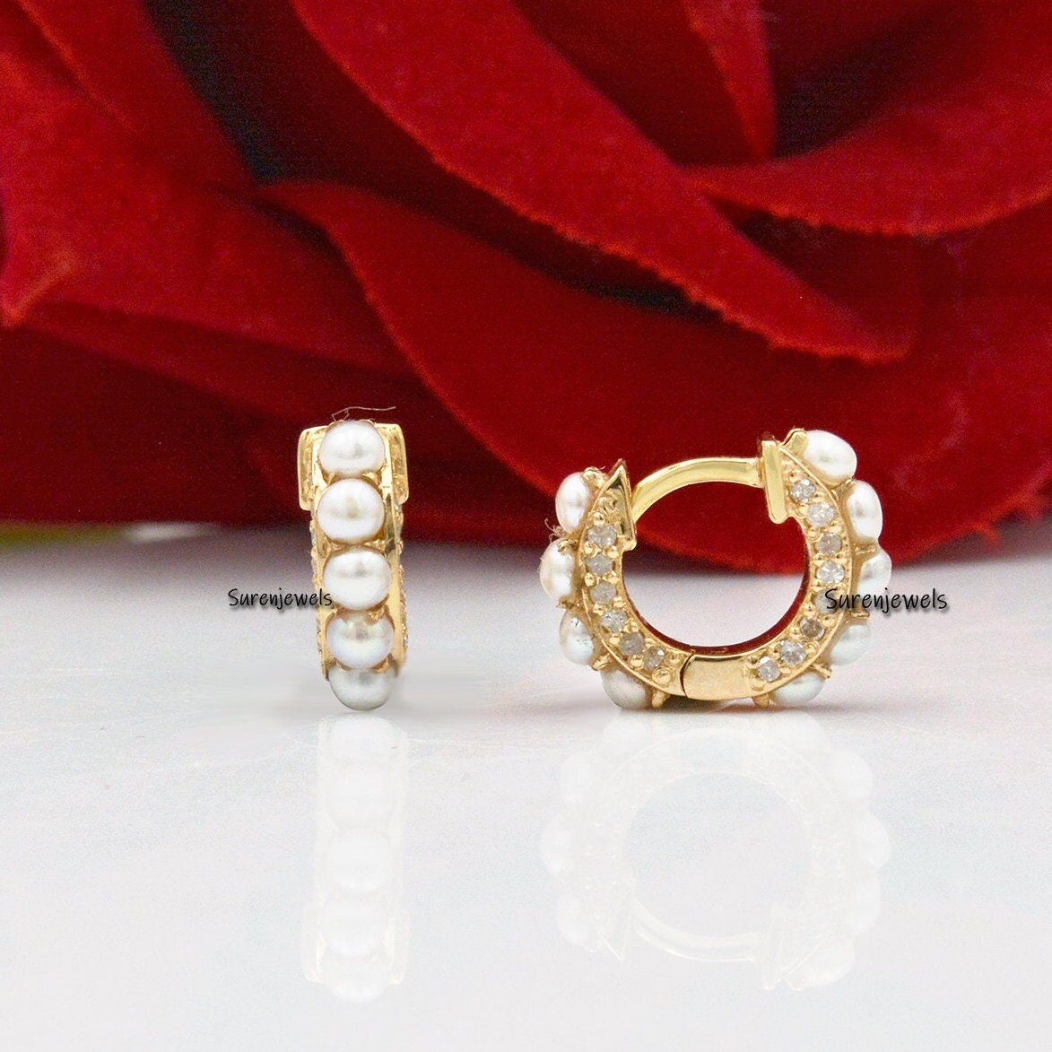 14k Gold Pearl Diamond Huggie Earrings: Dainty Gold Hoops - View 2 - Suren Jewels | SKU: SJE333-SLYGDIPL