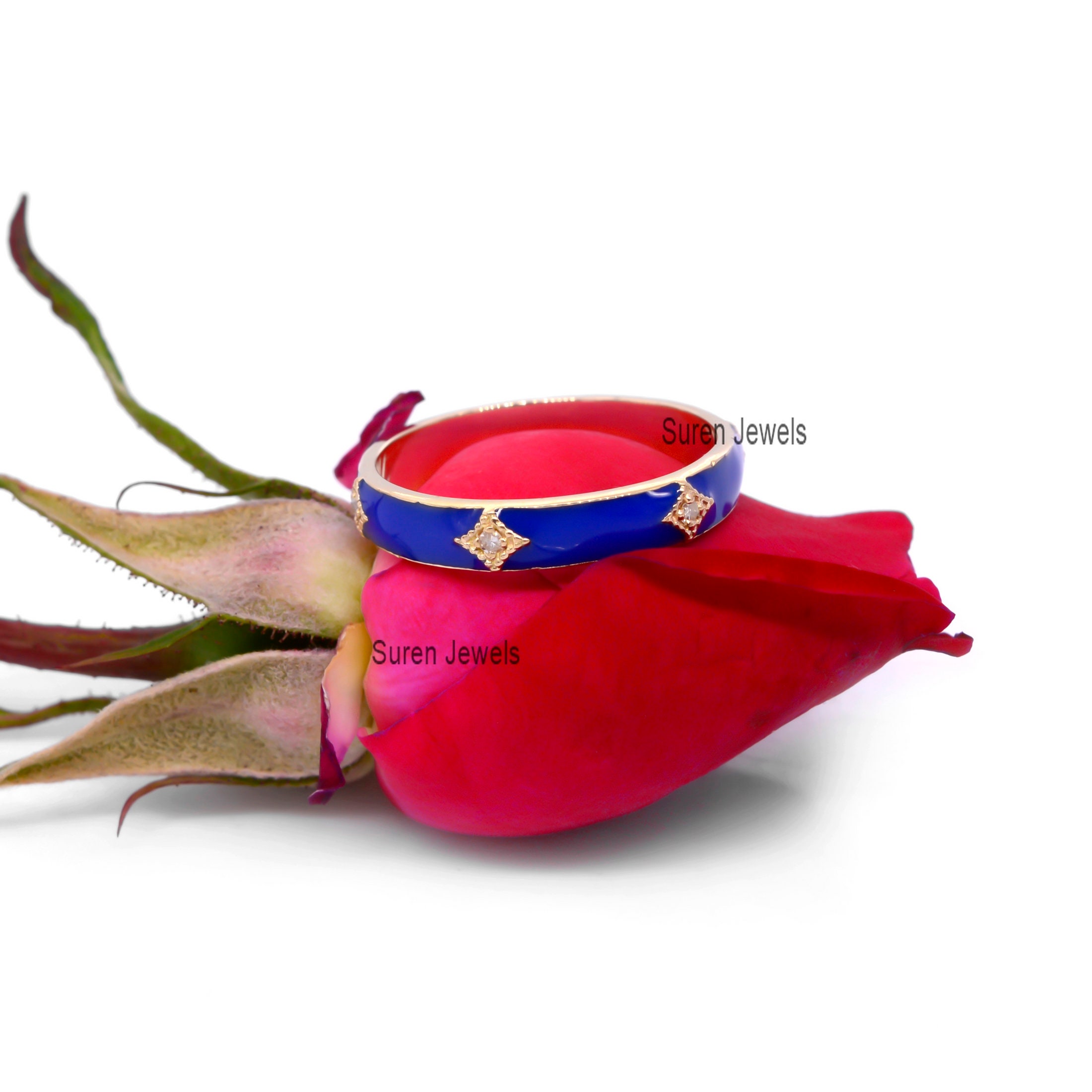 Diamond & Enamel 925 Sterling Silver Stacking Ring - View 5 - Suren Jewels | SKU: SJR632-SLYGDIELB