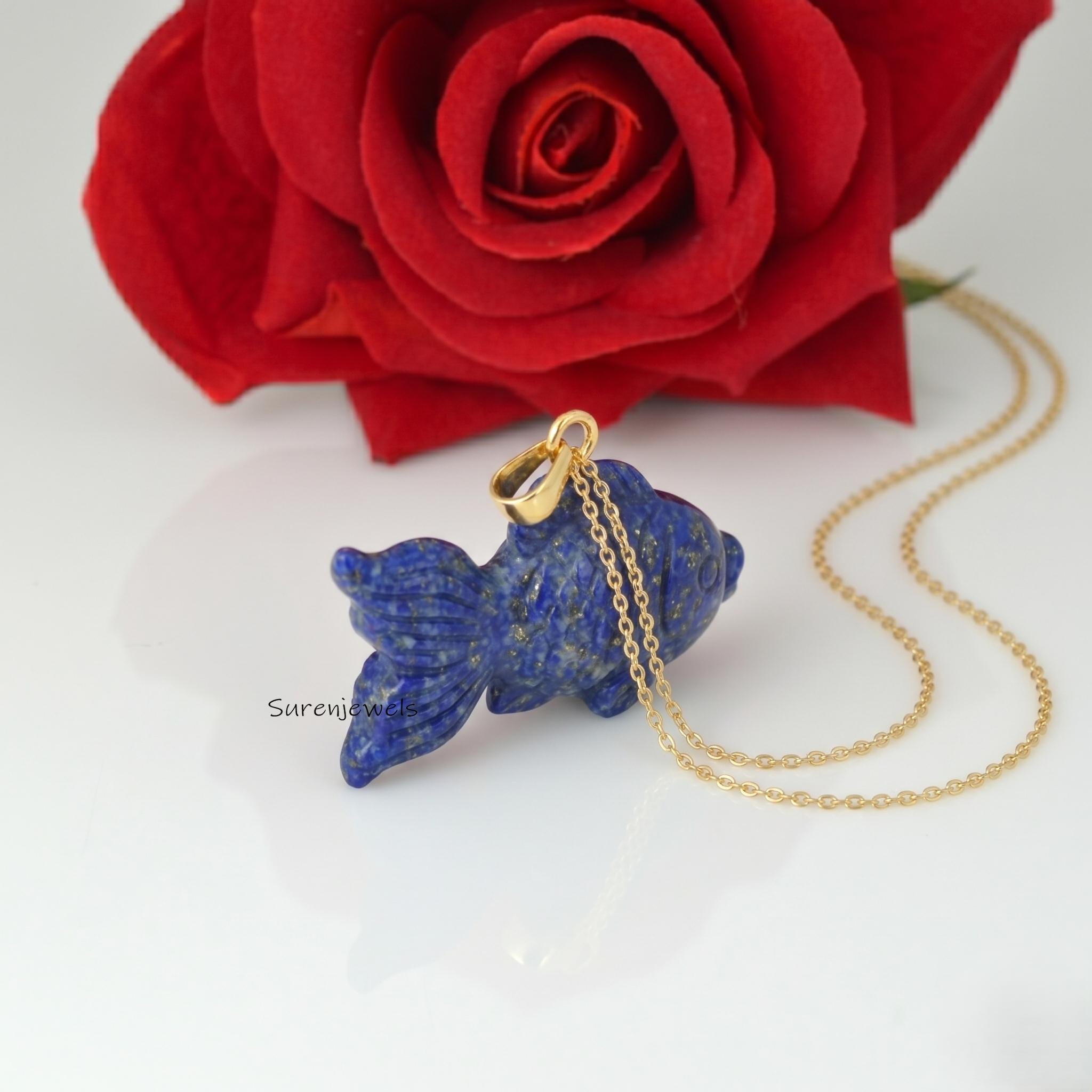 14K Gold Designer Fish Pendant, Gemstone Fish Pendant, Lucky Fish Pendant, Hand Carved Fish, Trendy Cute Fish Pendant, Design