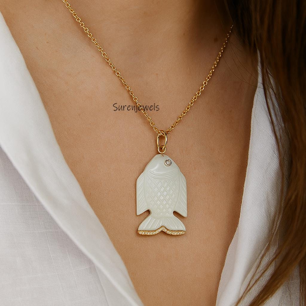 Hand Carved 14k Gemstone Fish pendant: Carved Gemstone, Lucky Charm - Suren Jewels | SKU: SJP5301-SLYGWCRCZ-35M