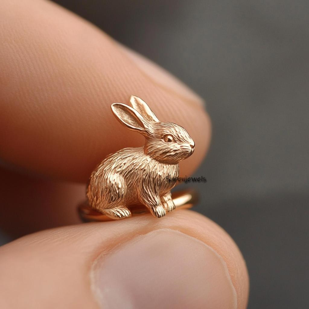 14K Solid Gold Rabbit Ring: Handmade Lucky Bunny Jewelry - View 3 - Suren Jewels | SKU: SJR2881-SLYGBKCZ-US-7,SJR2882-SLRH-US