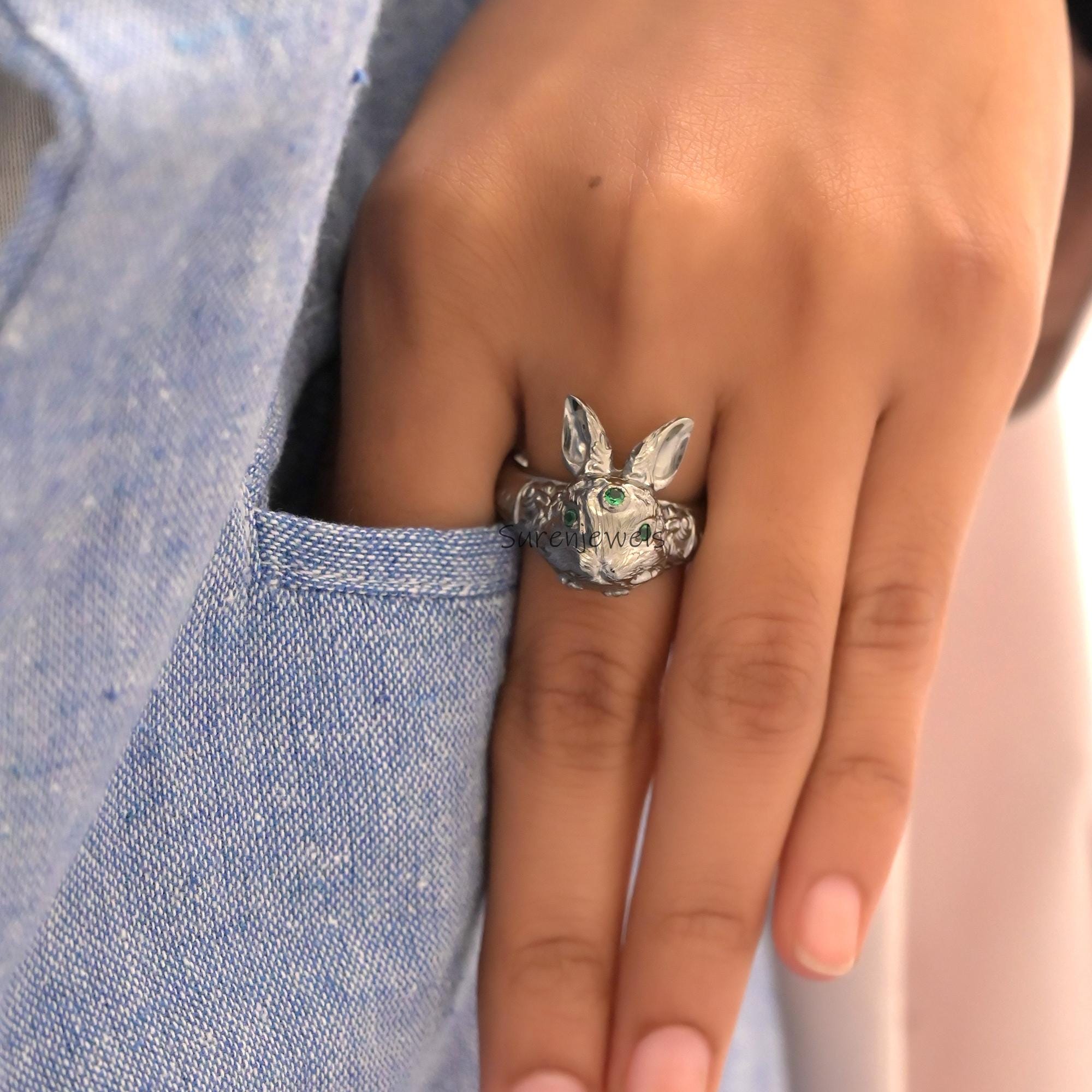 Handmade Silver Rabbit Ring: 14k Gold Accent Animal Jewelry - View 7 - Suren Jewels | SKU: SJR2933-SLNSGCZ-US-7