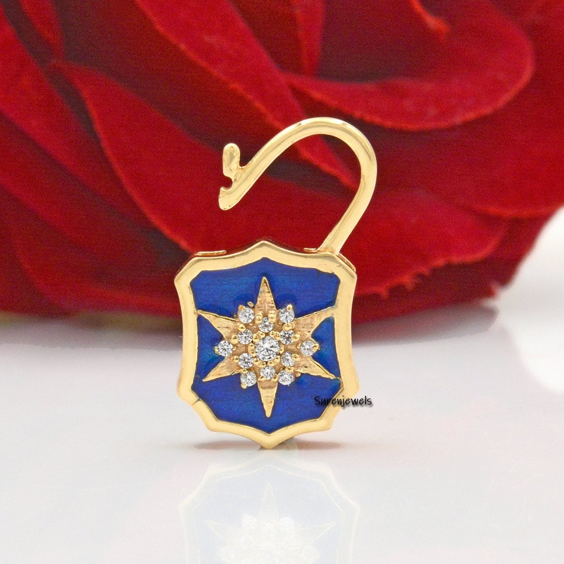 Enamel Starburst 925 Silver Padlock Pendant: Cubic Zircon Gemstone - Suren Jewels | SKU: SJP499-SLRGELBCZ-N47-18