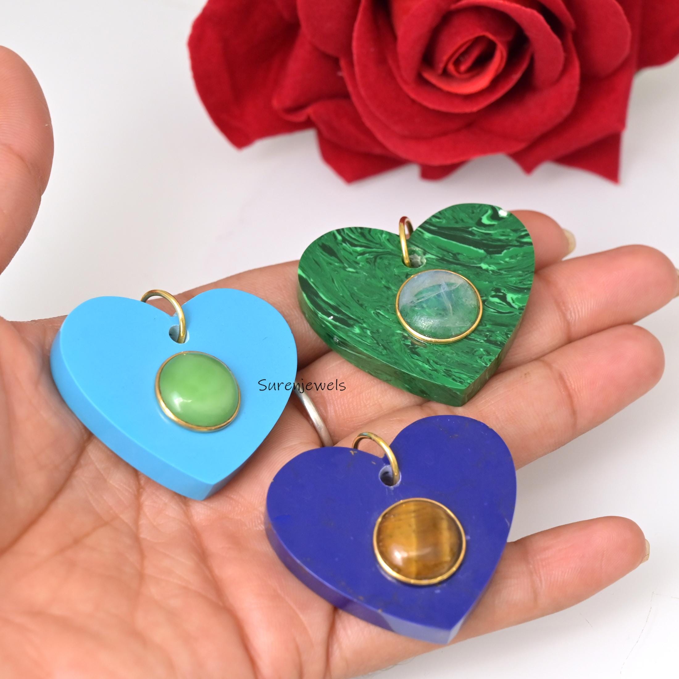 14k Gold Malachite Heart Pendant, Carving Heart Pendant, Natural Gemstone Heart Pendant, All Gemstone Heart Pendant - View 2