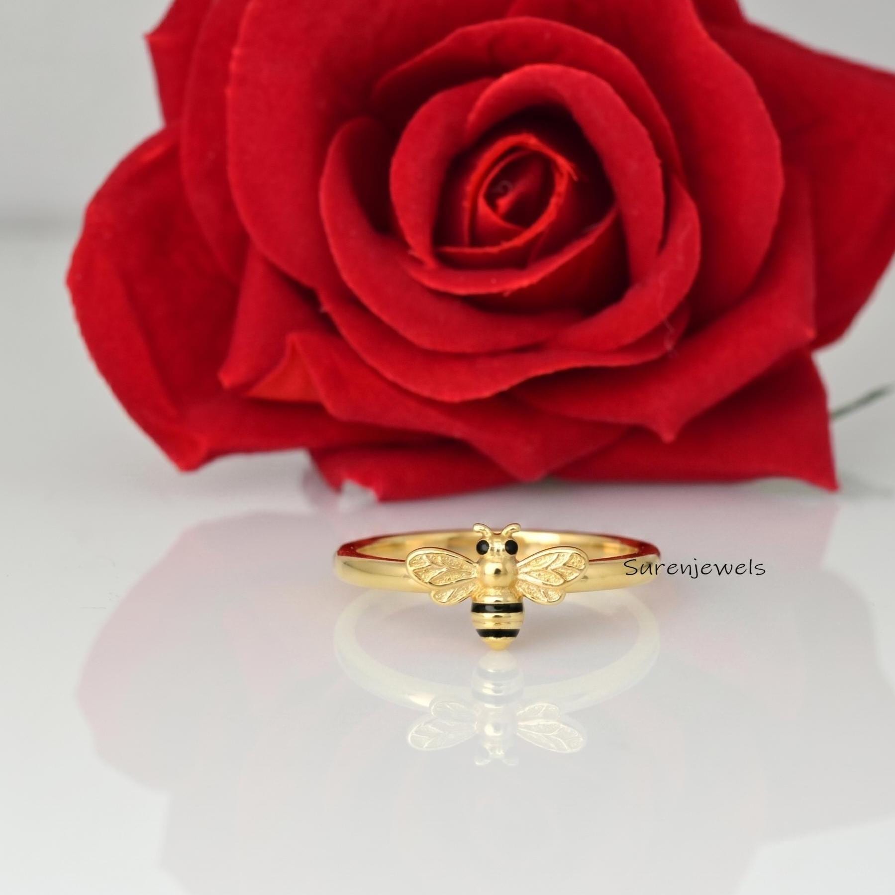 14K Gold Honey Bee Ring, Bumble Bee Stacking Ring, Diamond Honey Bee Ring, Dainty Honey Bee Ring, Delicate Unique Honey Bee R
