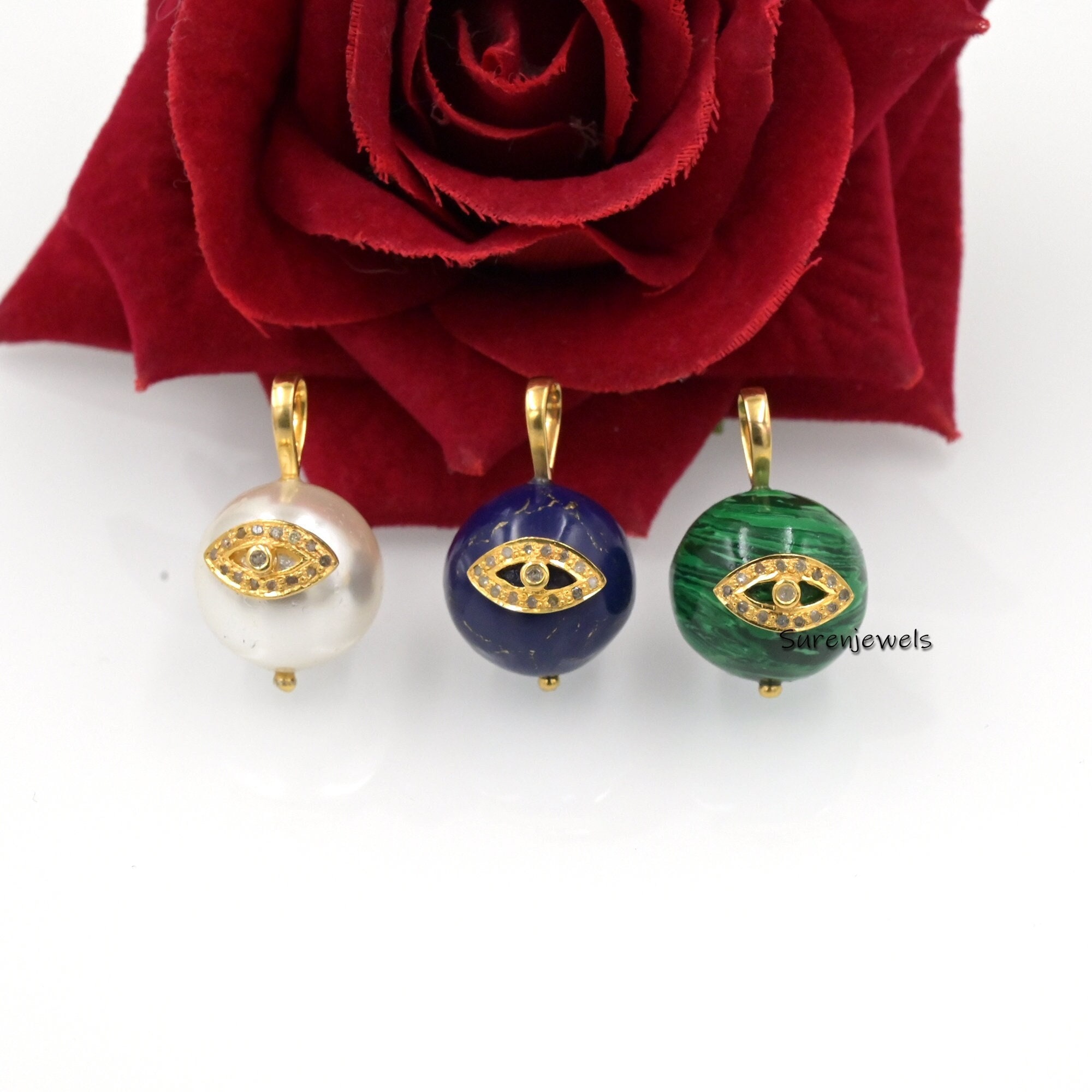 14k Gold Carved Gemstone Evil Eye Ball Pendant- handmade Carving Jewelry - Suren Jewels | SKU: SJP2794