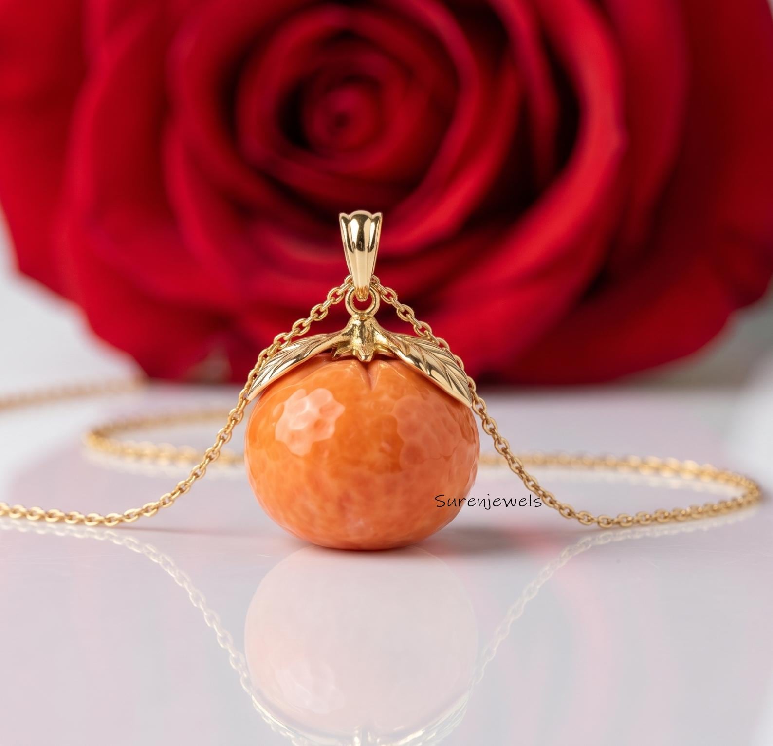 Hand Carved Orange Carnelian Fruit Pendant, Handmade Designer - Suren Jewels | SKU: SJP