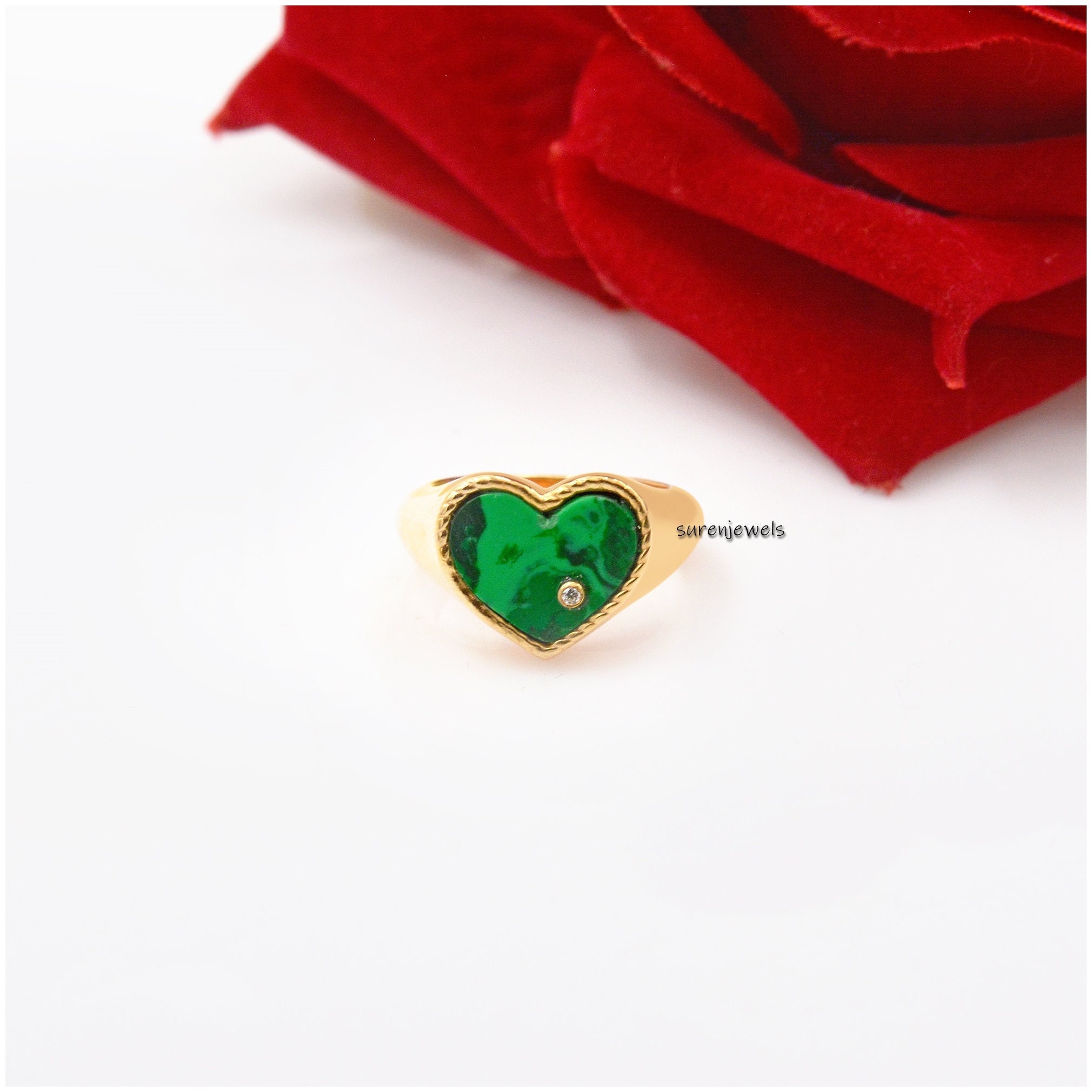 14k Gold Heart Signet Ring: Gemstone & White Topaz - Suren Jewels | SKU: SJR1017-SLYGMKWT-US-5