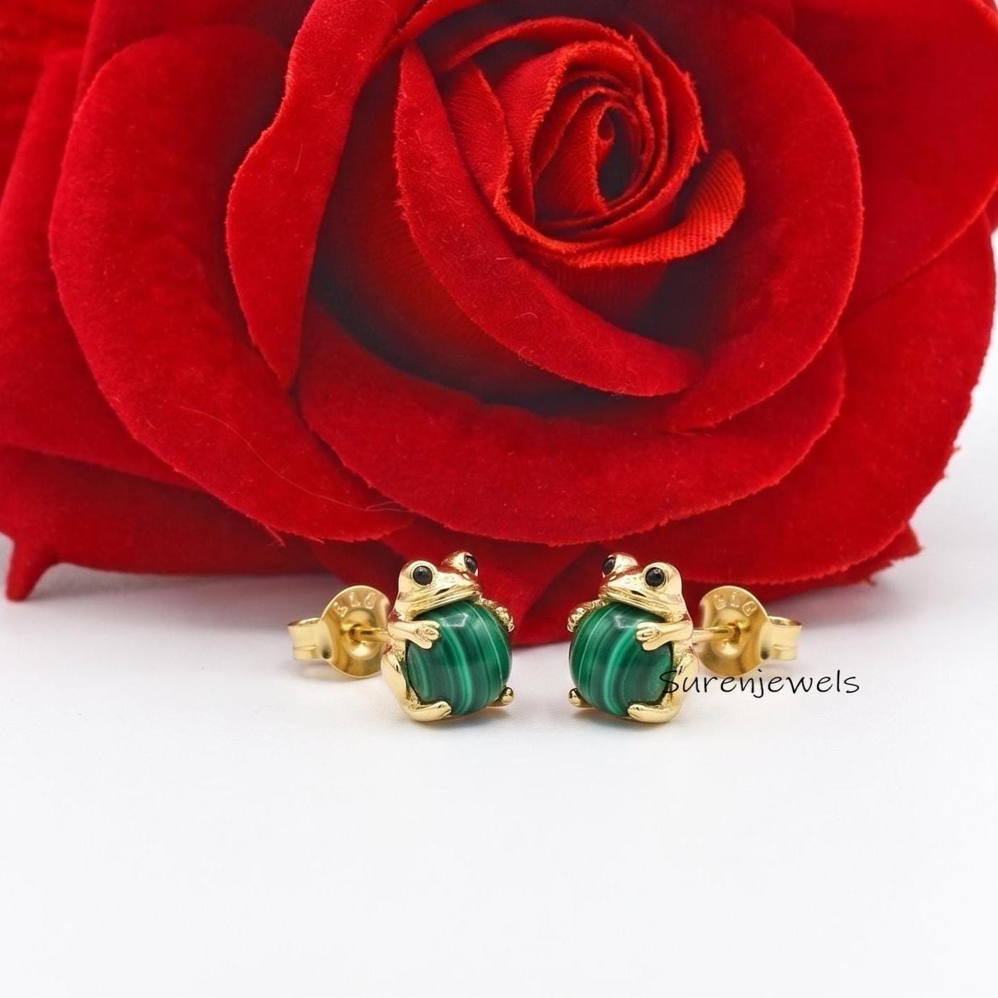 14K Gold Gemstone Frog Studs, handmade Frog Stud Earrings, Designer Gemstone Frog Earrings, Gold Carved Frog Studs, 14K Frog