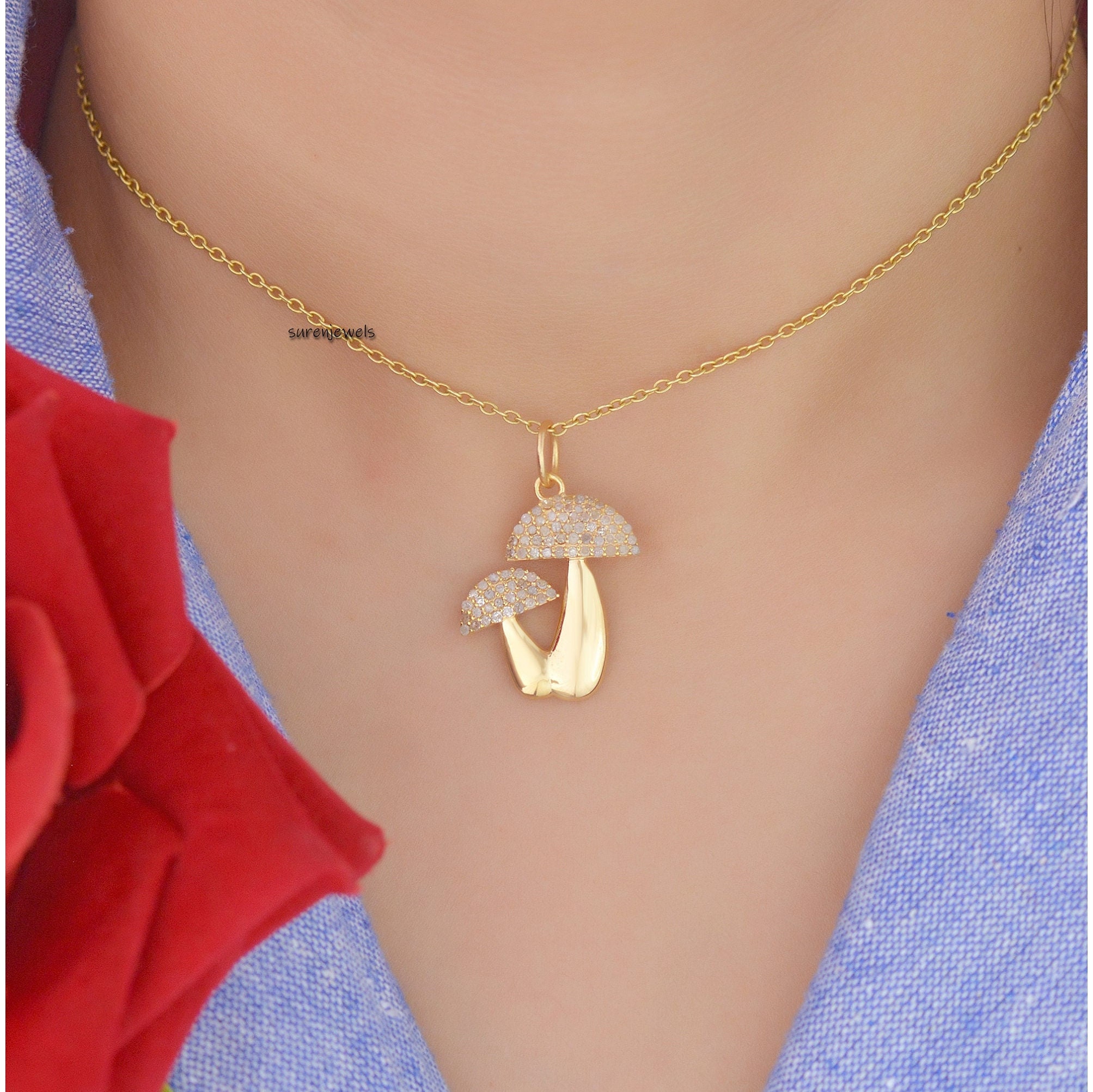 14K Gold Diamond Mushroom Pendant: Pave Magic Jewelry - View 5 - Suren Jewels | SKU: SJP1264-SLYGDI