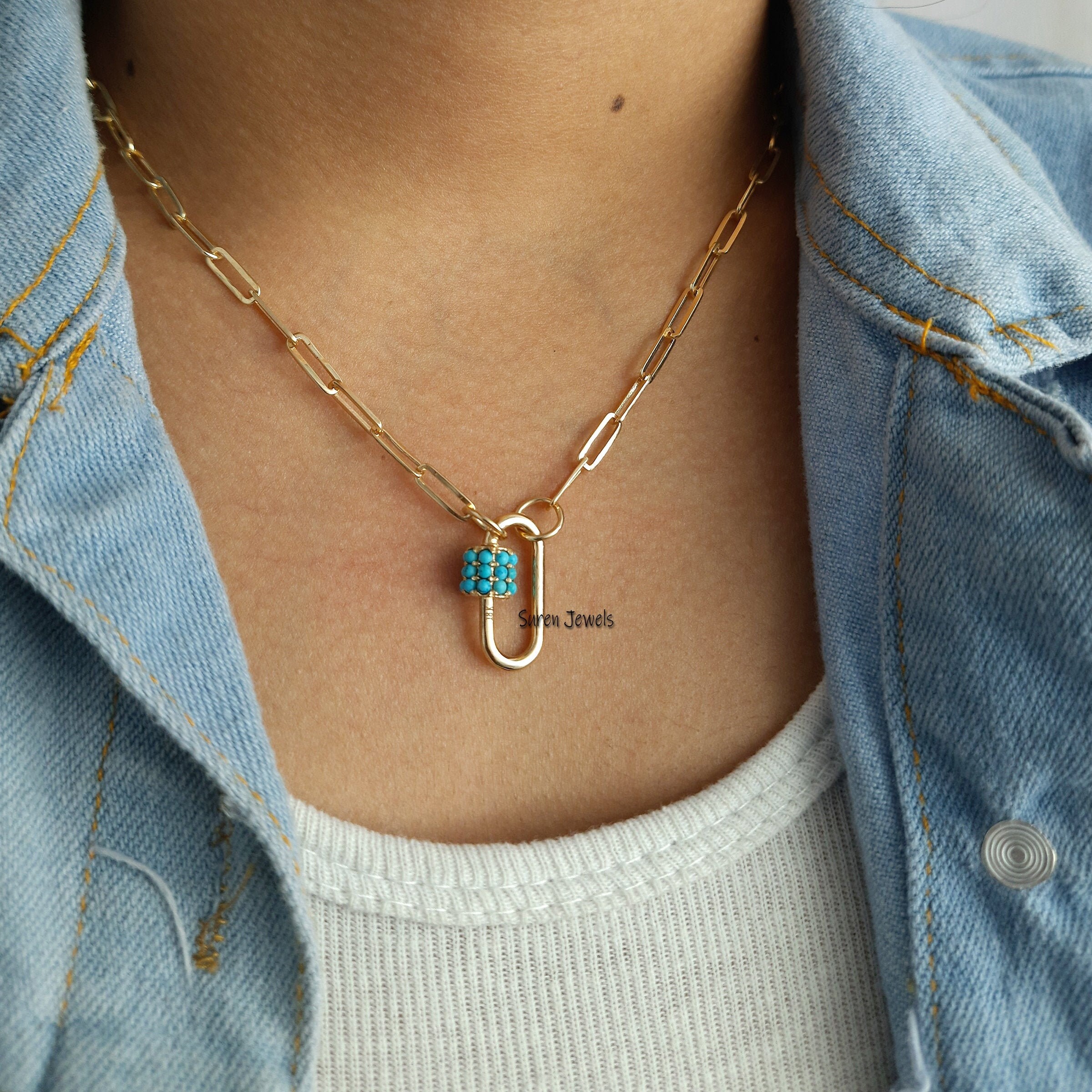 9k Gold Turquoise Carabiner Lock, Handmade Jewelry - View 6 - Suren Jewels | SKU: SJC09-9KYGTQ-N47-18I