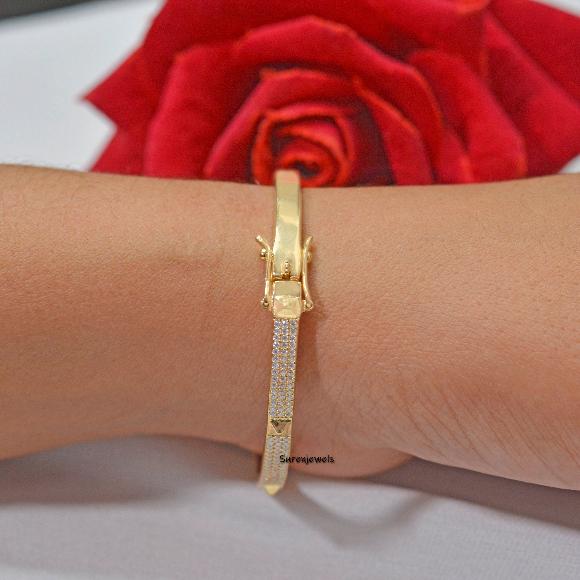 925 Silver Pyramid Spike Bangle: Diamond Accent - View 6 - Suren Jewels | SKU: SJB65-SLYGCZ-6I