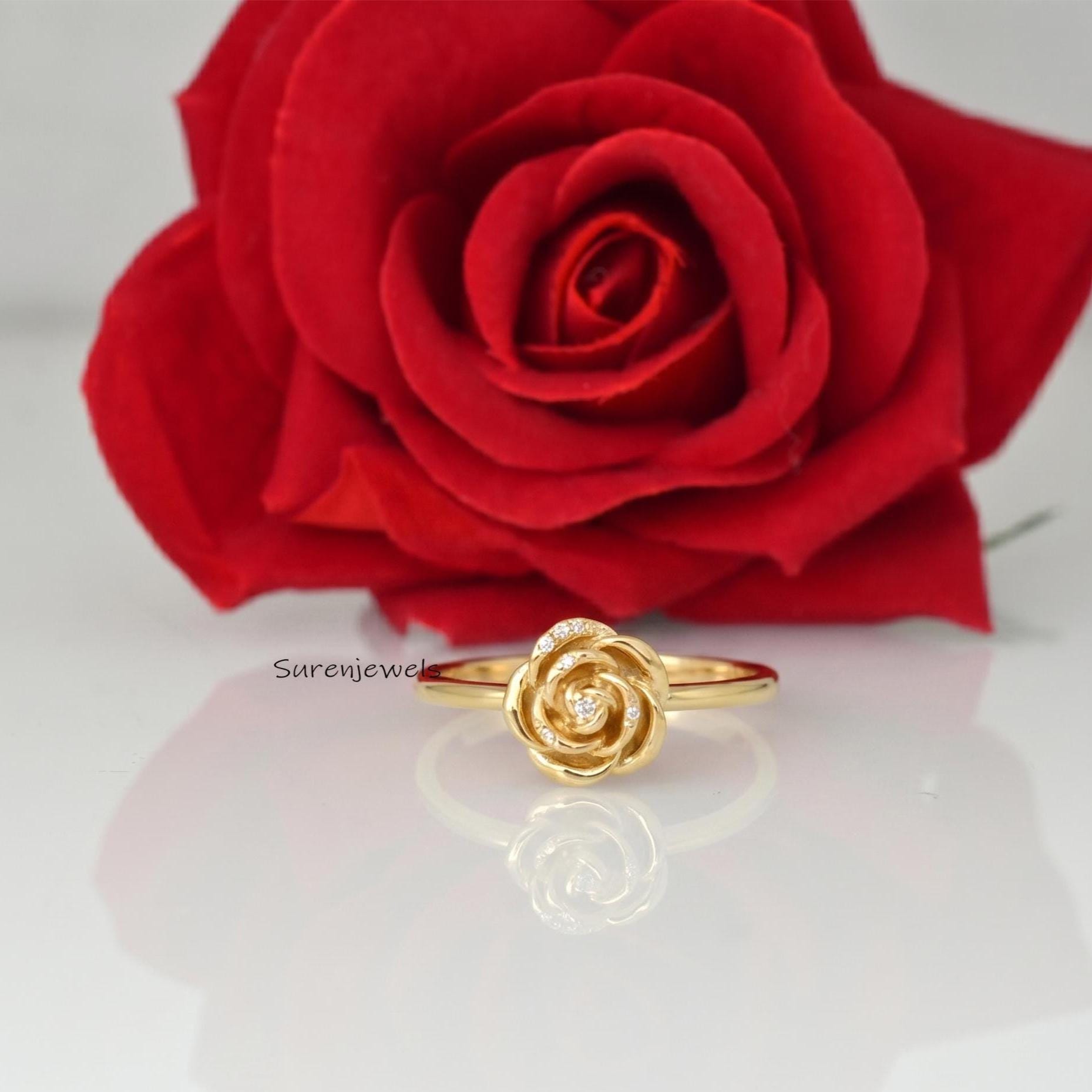 14k Gold Rose Ring, Gold Flower Ring, Yellow Gold Rose Ring, Minimalist Rose Ring, Rose Flower Jewelry, Dainty Gold Rose Ring