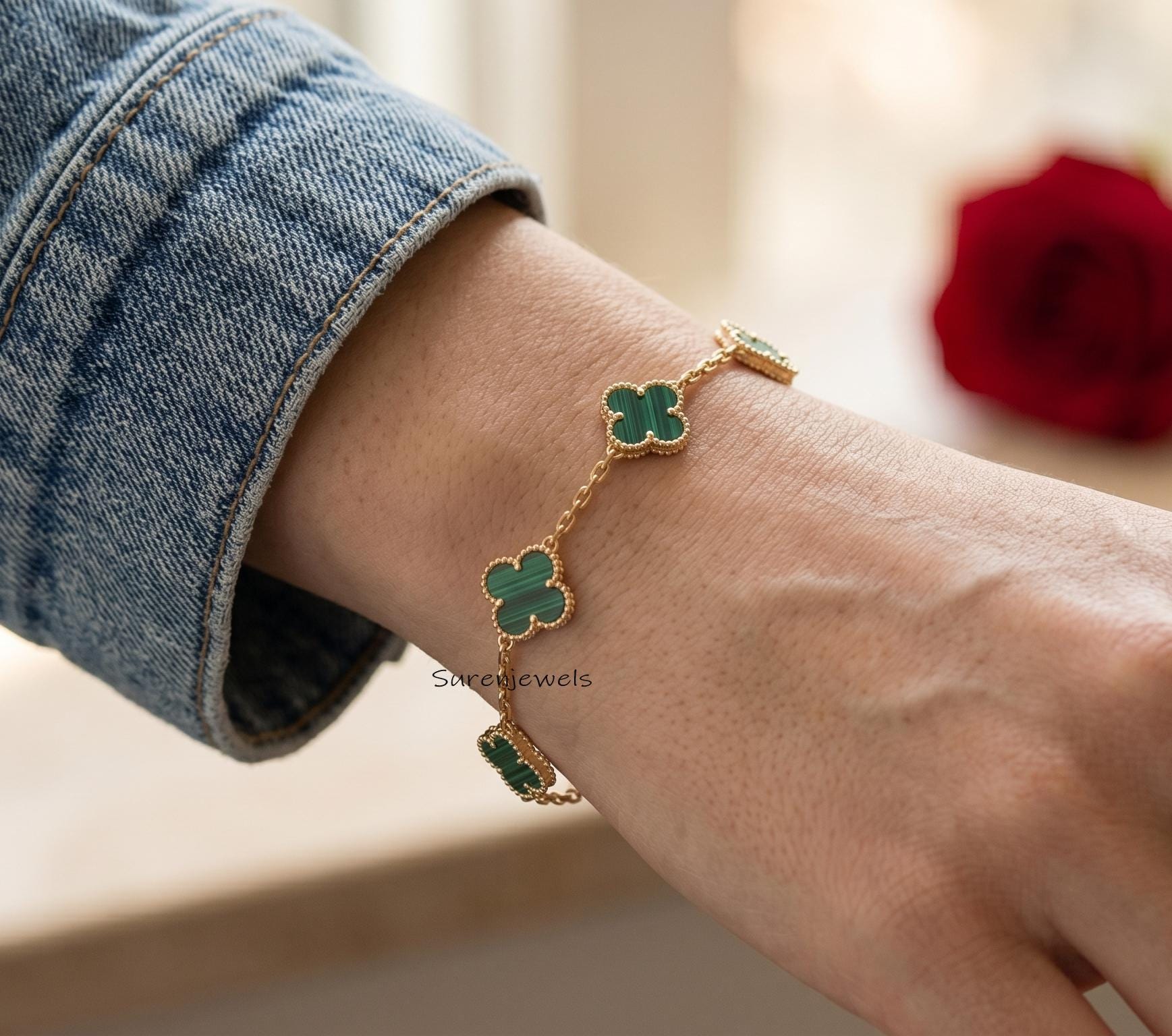 Dainty Malachite Clover Bracelet, 14K Gold Plated Four Leaf Clover Jewelry, Lucky Charm Bracelet, Minimalist Floral Bracelet,