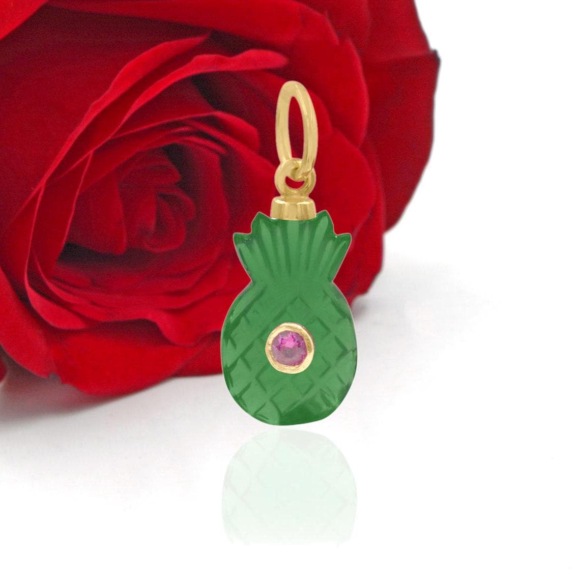Hand Carved Gemstone Pineapple Pendant: Dainty Tropical Charm - View 2 - Suren Jewels | SKU: SJP3488-SLYGGORUCZ-25M