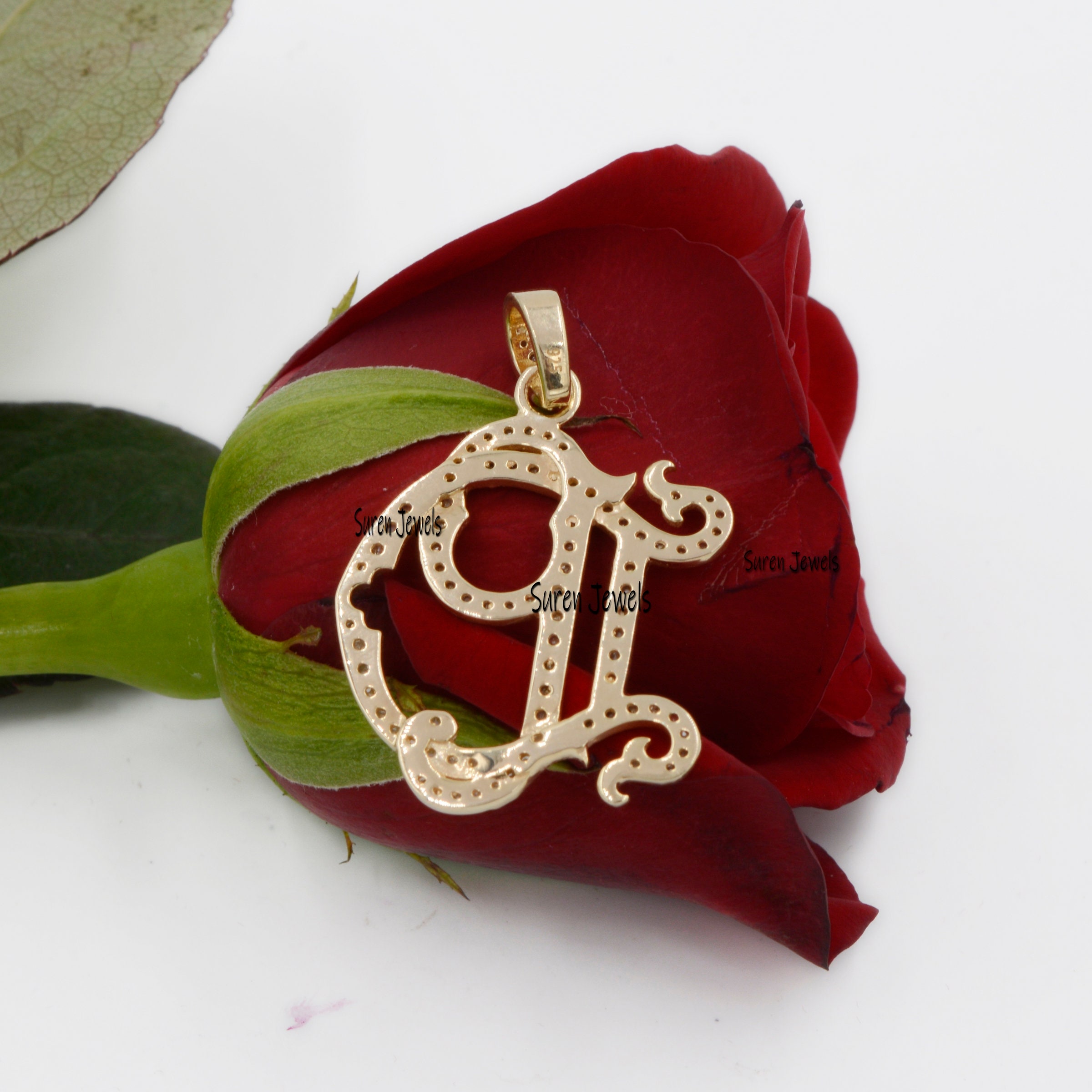 14k Gold Plated Turquoise Monogram Pendant: 925 Silver Two-Letter Jewelry - View 5 - Suren Jewels | SKU: SJP540
